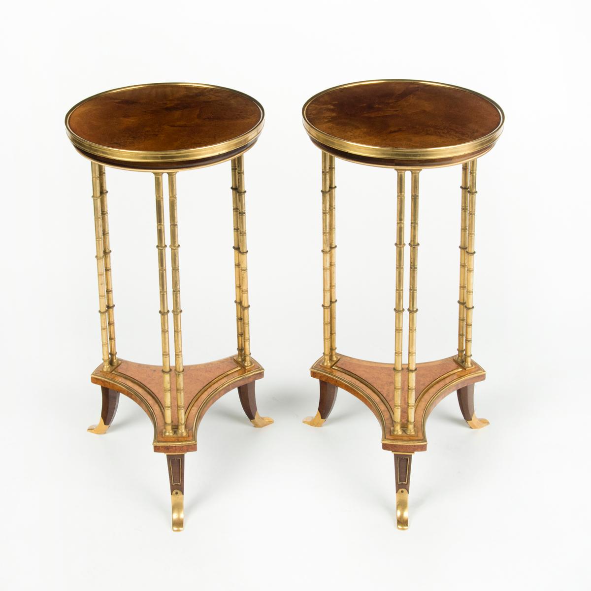Early 20th Century A pair of Louis XVI style mahogany and ormolu gueridons, after Adam Weisweiler For Sale