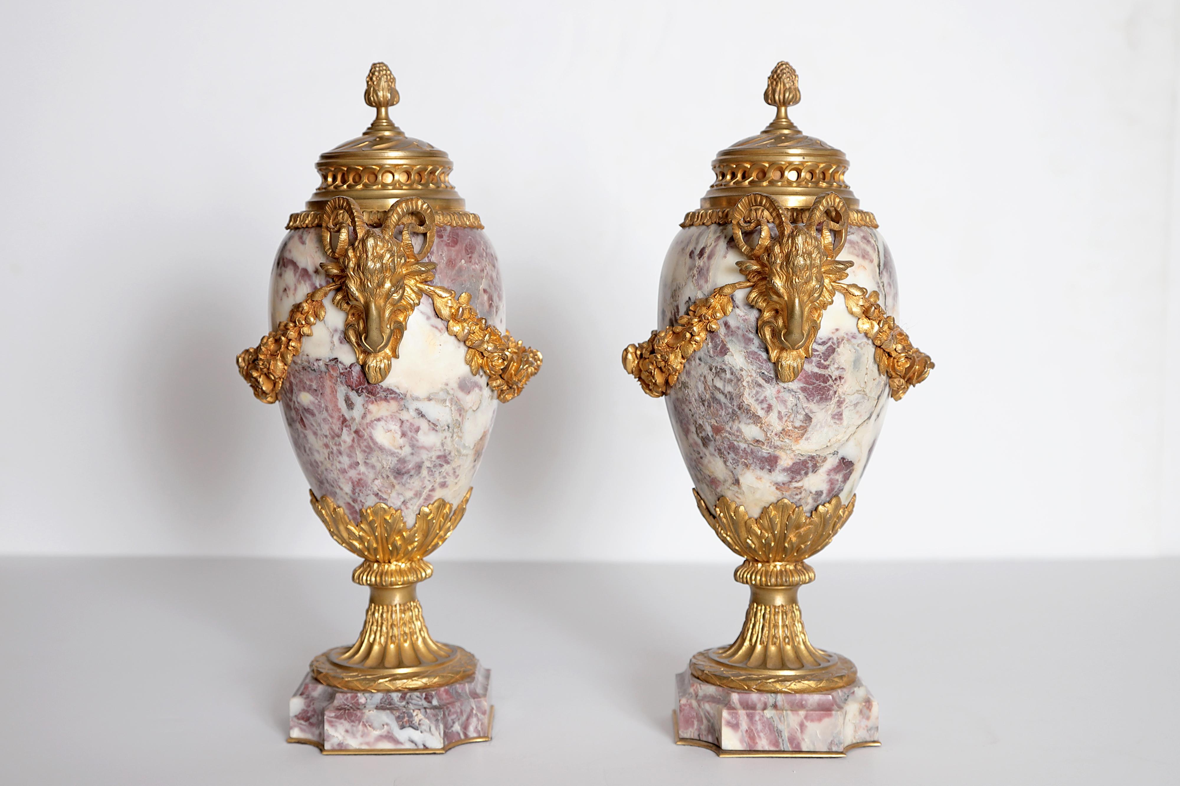 French Pair of Louis XVI Style Marble Cassolettes with Gilt Bronze Mounts