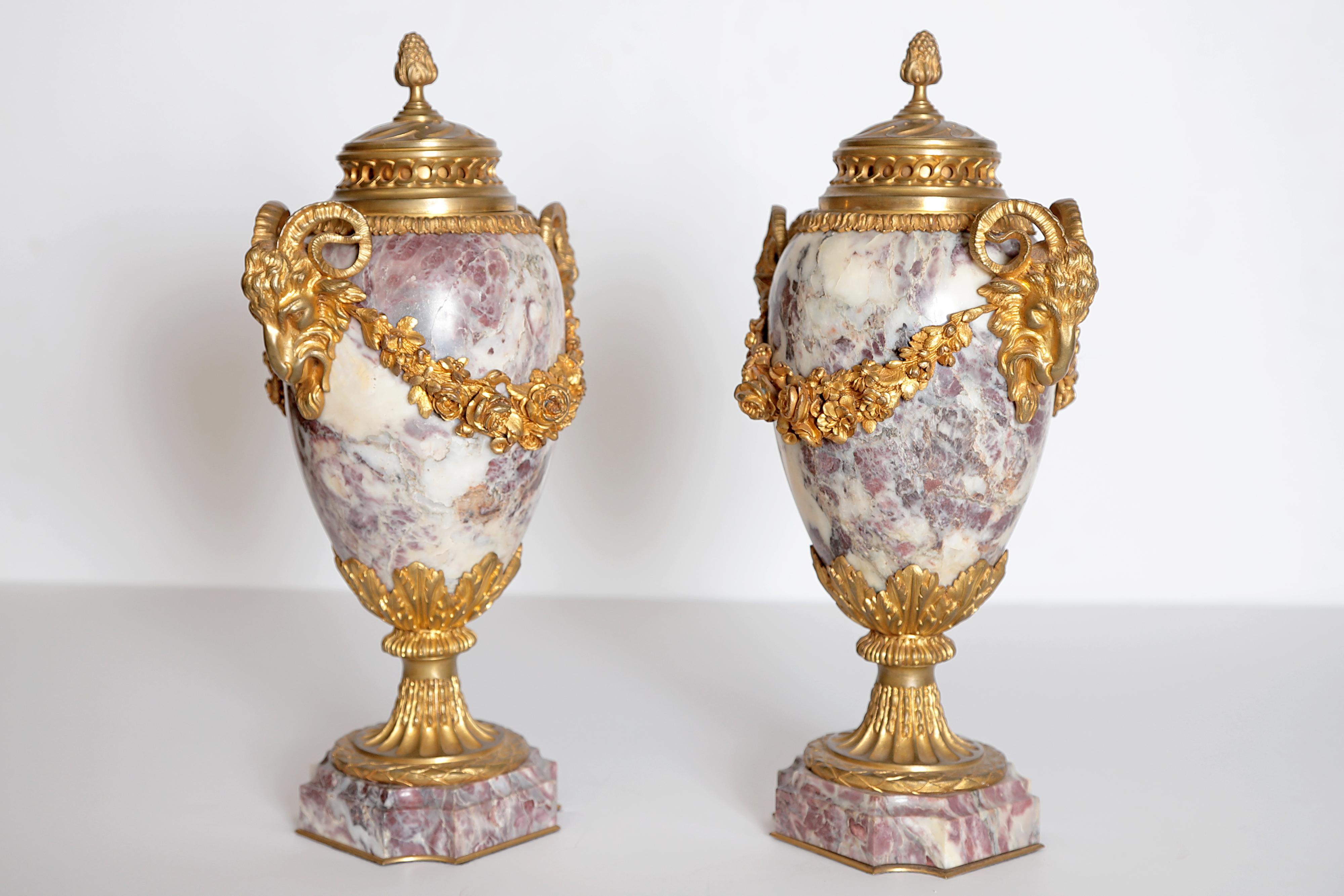 Pair of Louis XVI Style Marble Cassolettes with Gilt Bronze Mounts In Good Condition In Dallas, TX