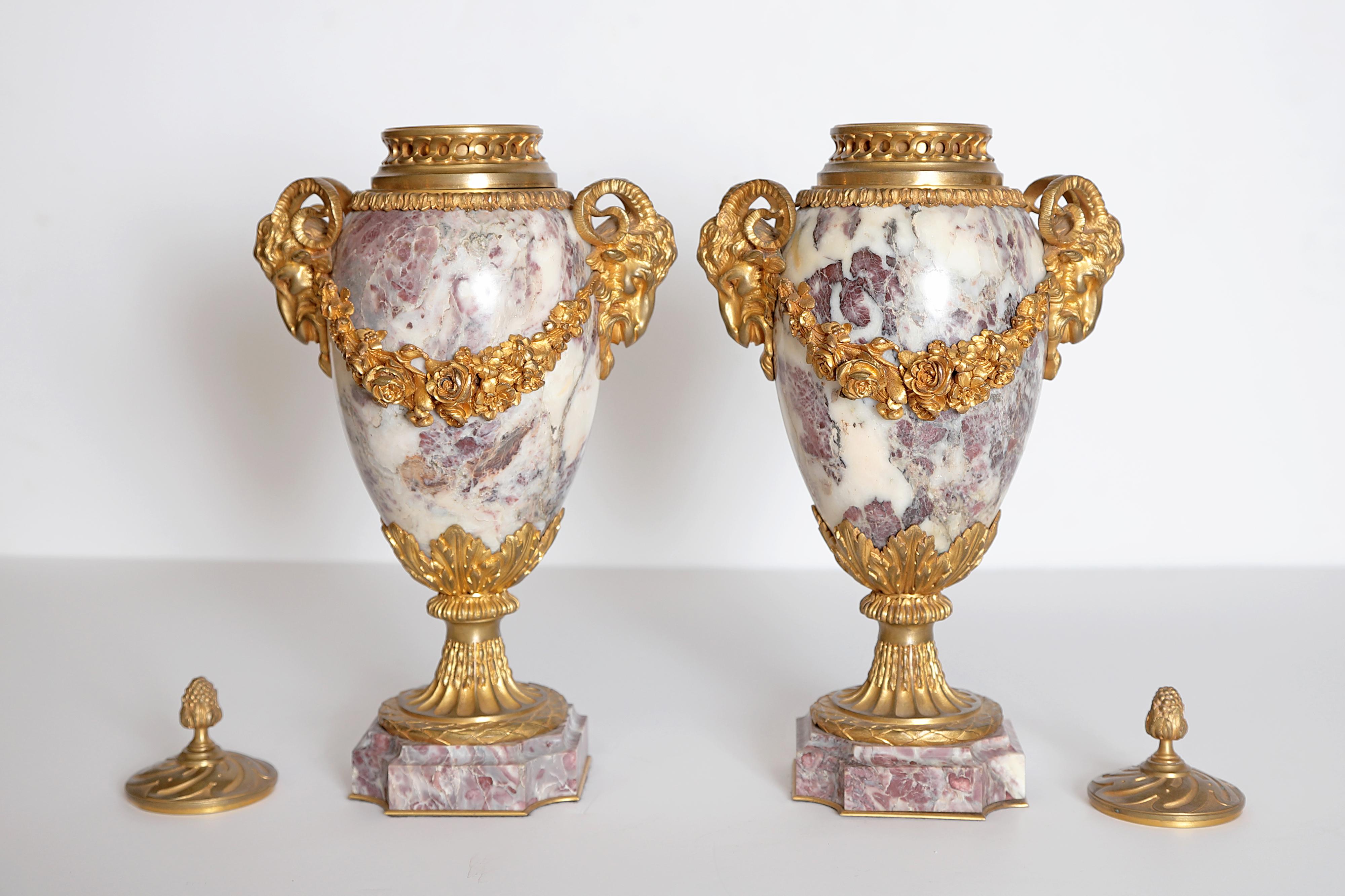 19th Century Pair of Louis XVI Style Marble Cassolettes with Gilt Bronze Mounts