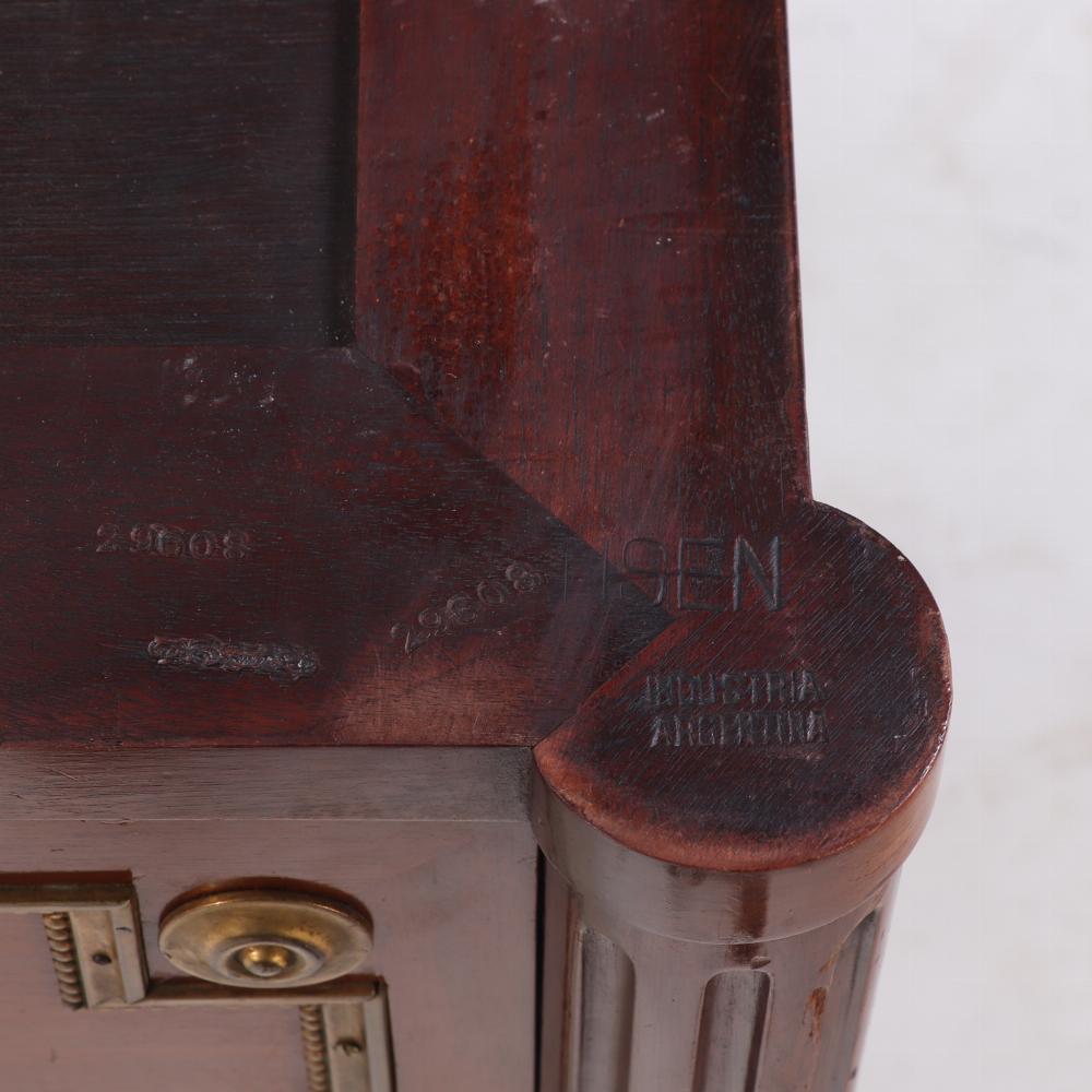 Bronze A Pair of Louis XVI style marble top mahogany commodes, signed Jansen, C 1940. For Sale