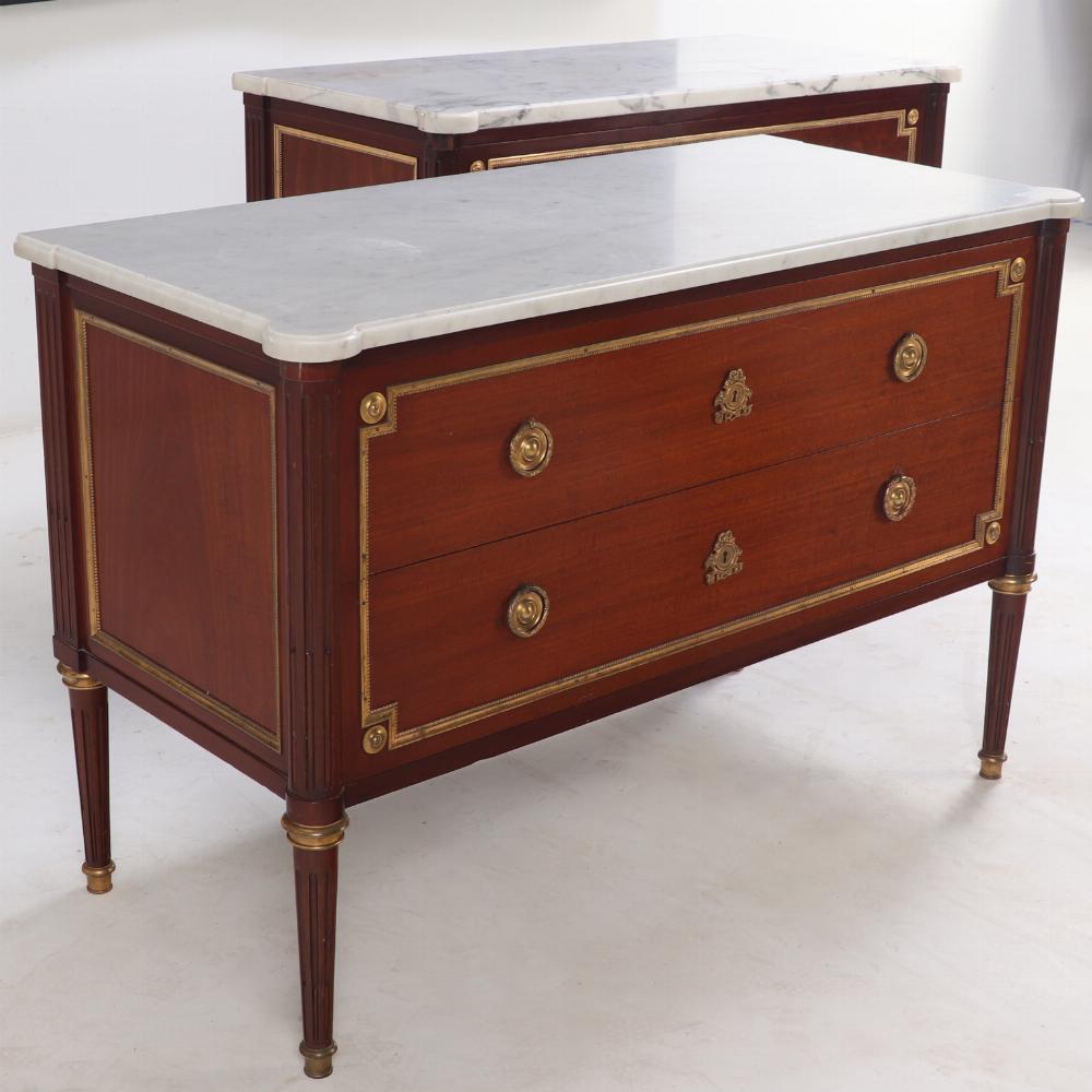 A Pair of Louis XVI style marble top mahogany commodes, signed Jansen, C 1940. For Sale 3