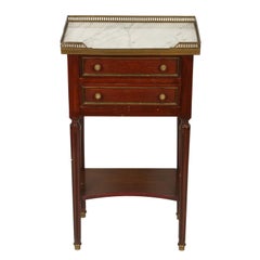 Pair of Louis XVI Style Marble Top Nightstands with Pierced Brass Gallery