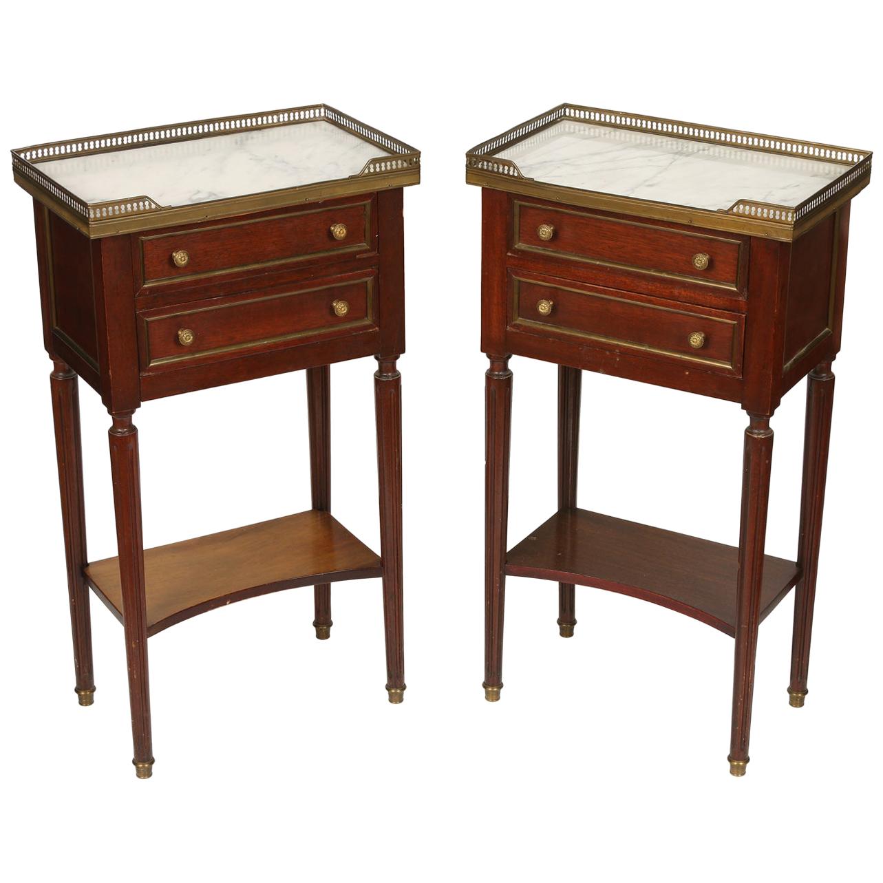 Pair of Louis XVI Style Marble Top Nightstands with Pierced Brass Gallery