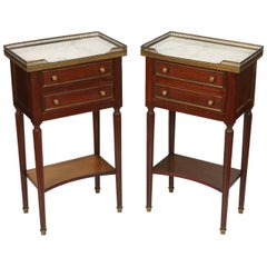 Pair of Louis XVI Style Marble Top Nightstands with Pierced Brass Gallery