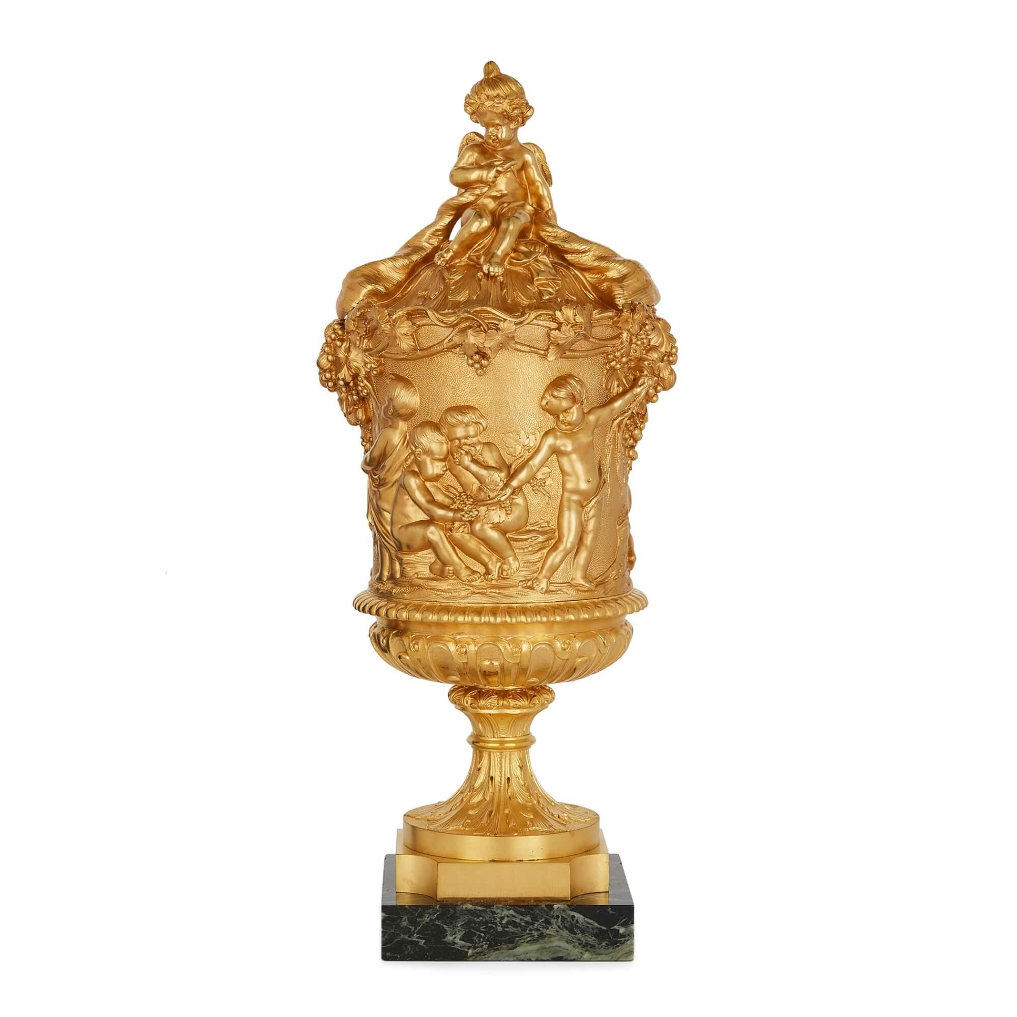 French Pair of Louis XVI Style Ormolu Lidded Urns, Designs in the Style of Clodion