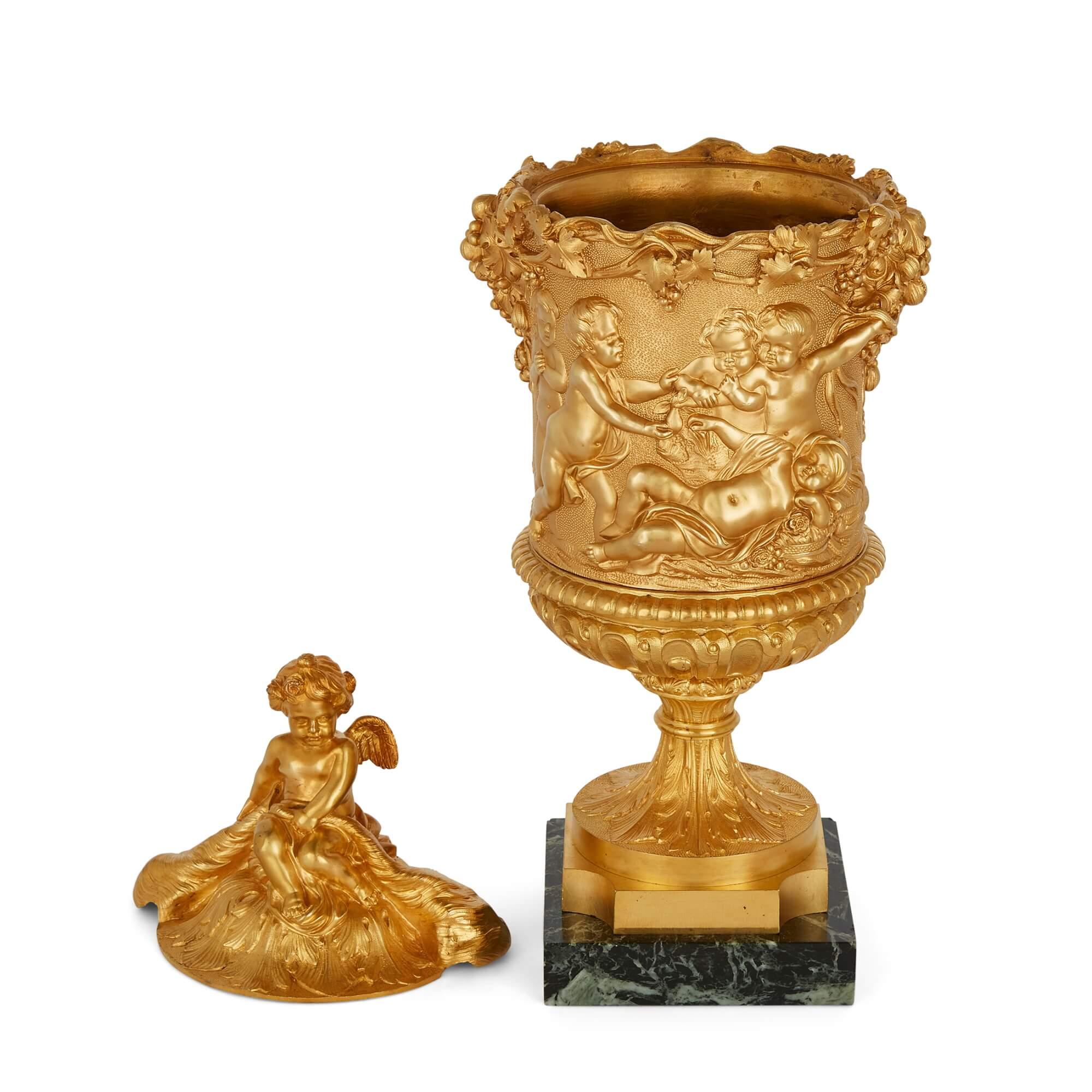 19th Century Pair of Louis XVI Style Ormolu Lidded Urns, Designs in the Style of Clodion