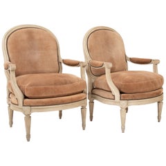 Pair of Louis XVI Style Suede and Painted Armchairs by Maison Jansen