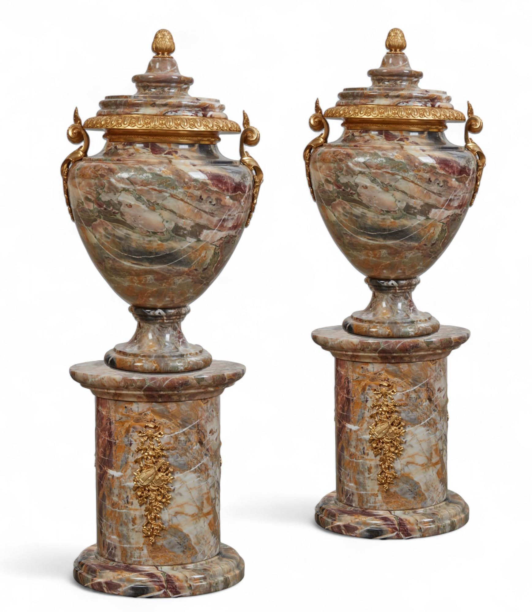 Squisita coppia di urne in marmo esotico montate su piedistalli in stile Luigi XVI, metà del XX secolo.

Eleva i tuoi interni con questa splendida coppia di urne francesi della metà del XX secolo, ciascuna meticolosamente realizzata in marmo esotico