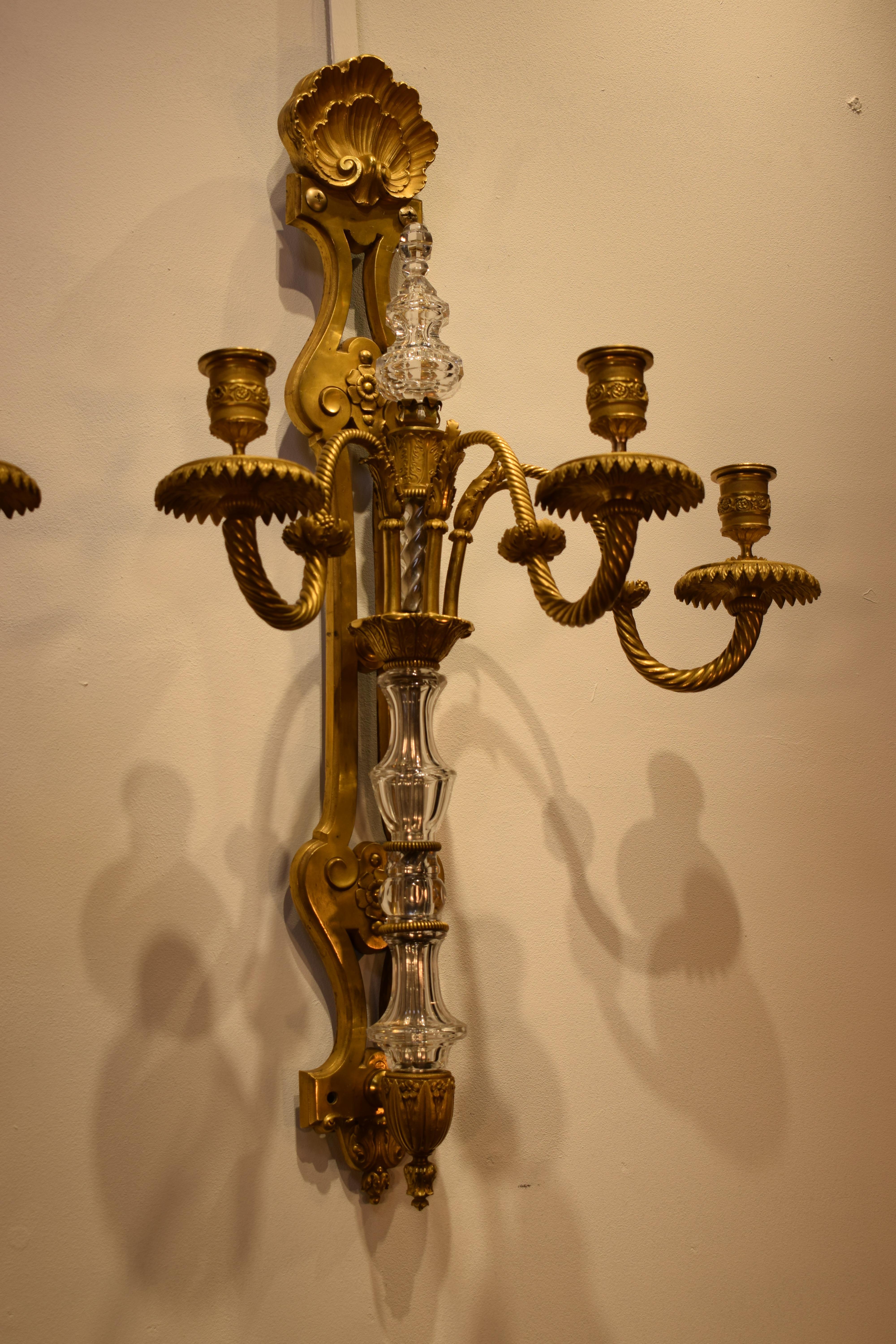 Ein prächtiges Paar Wandleuchter aus vergoldeter Bronze im Louis-XVI-Stil. Der Körper ist mit handgeschliffenen Kristallteilen und einer Pyramide versehen. Eine exquisite Muschel obendrauf. Jeweils drei Lichter. Frankreich, um 1890. 
Abmessungen: