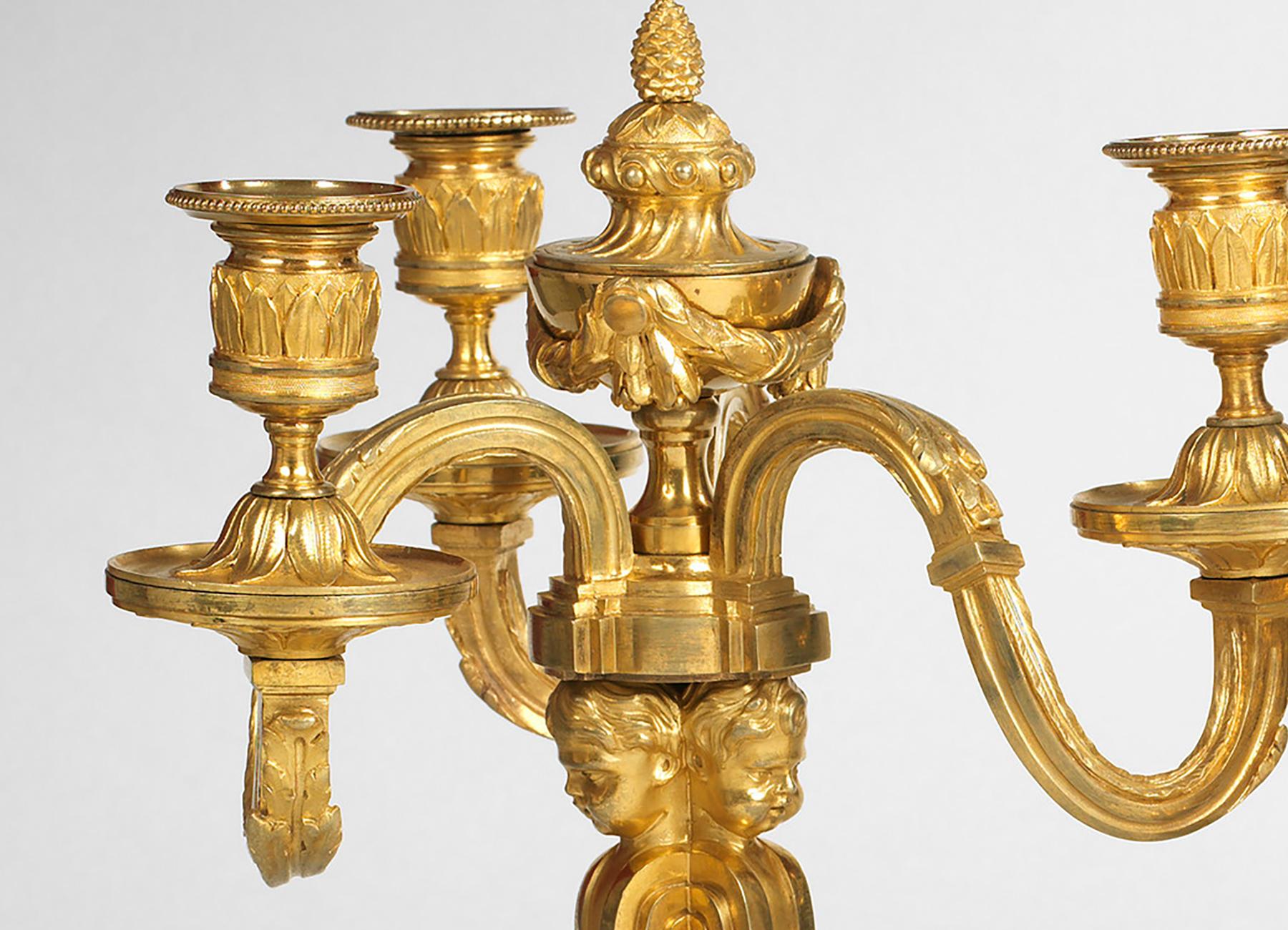 Pair of Louis XVI Three-Light Gilt Bronze Candelabra In Good Condition For Sale In London, Middlesex