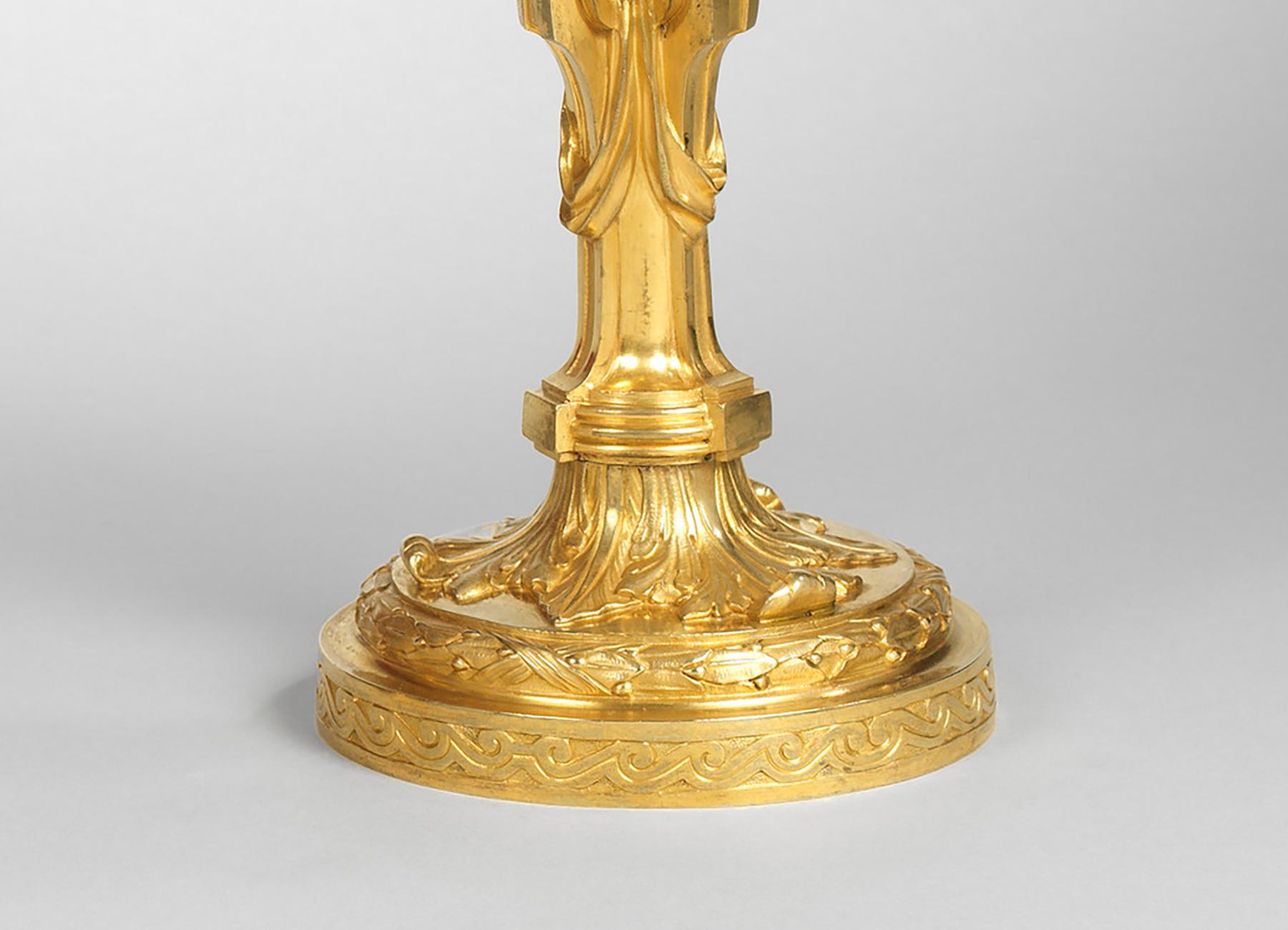 Mid-18th Century Pair of Louis XVI Three-Light Gilt Bronze Candelabra For Sale