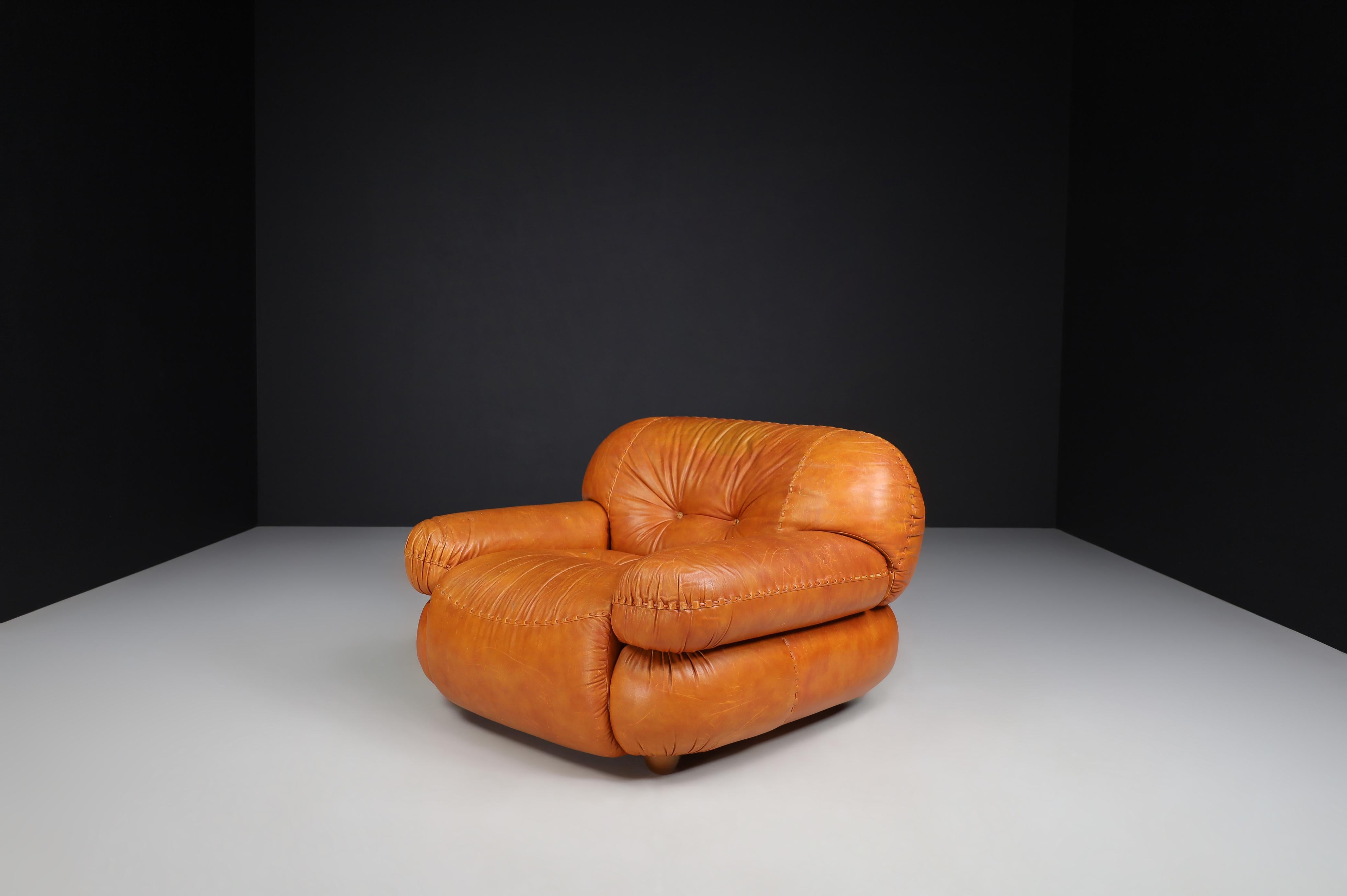 Pair of Lounge Chairs in Cognac Brown Leather by Sapporo for Mobil Girgi, 1970 6