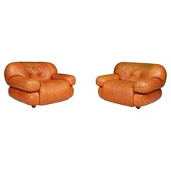 Pair of Lounge Chairs in Cognac Brown Leather by Sapporo for Mobil Girgi, 1970
