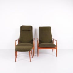 A Pair of Lounge Chairs With Stool In Teak & Green Fabric By Alf Svensson