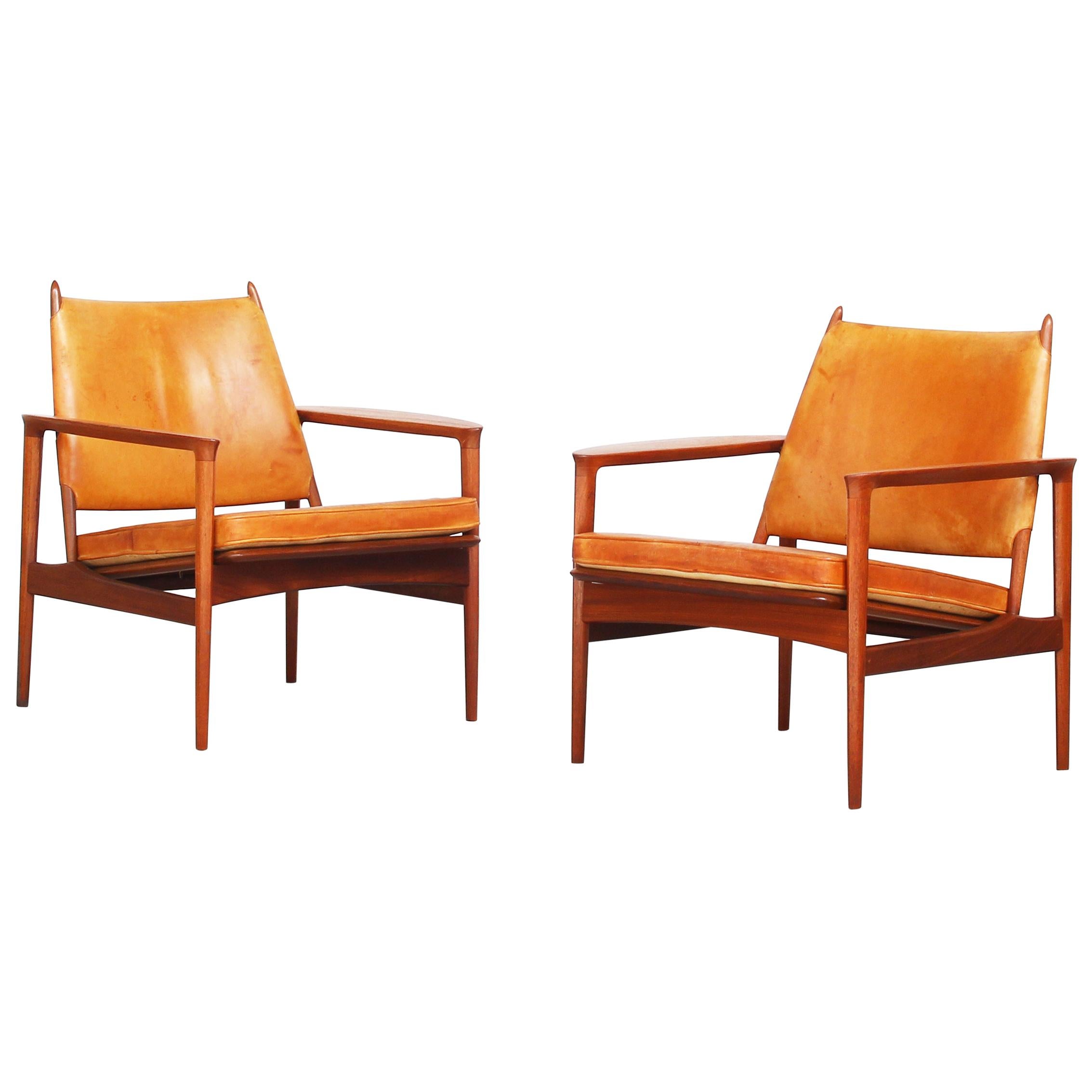 Pair of Danish Lounge Easy Chairs by Torbjørn Afdal for S. Bjørneng Teak Leather