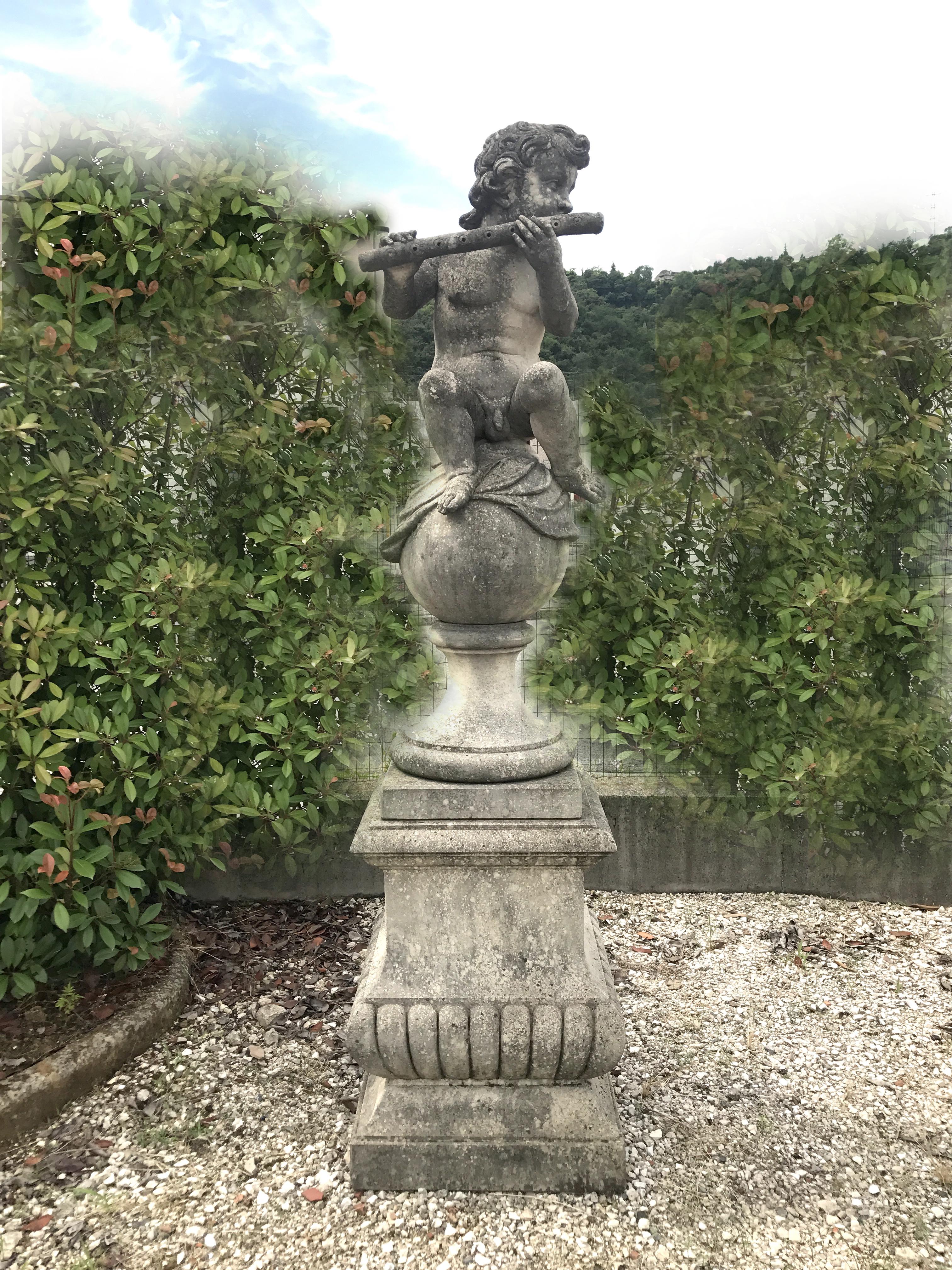 Pair of Lovely Italian Putto Stone Garden Statues Representing Musicians For Sale 1