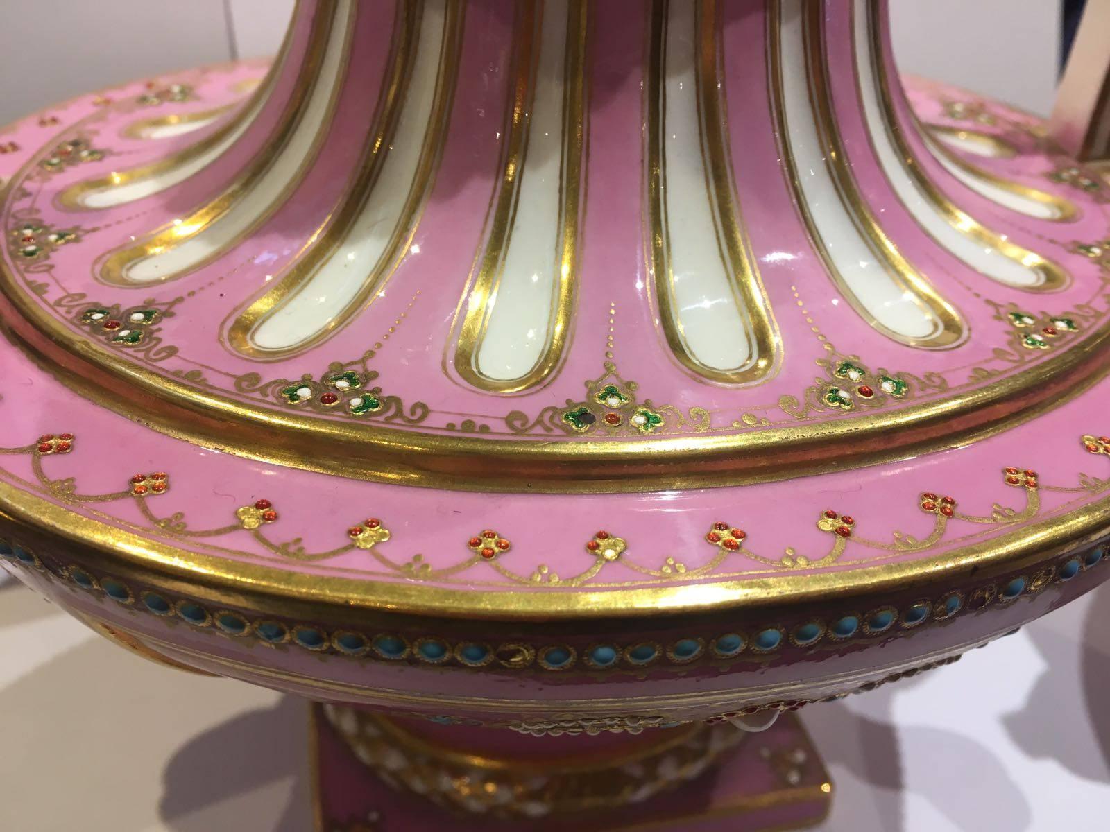 Other Pair of Lovely Pink Ground Gilt and Enamelled Porcelain Vases, 19th Century For Sale