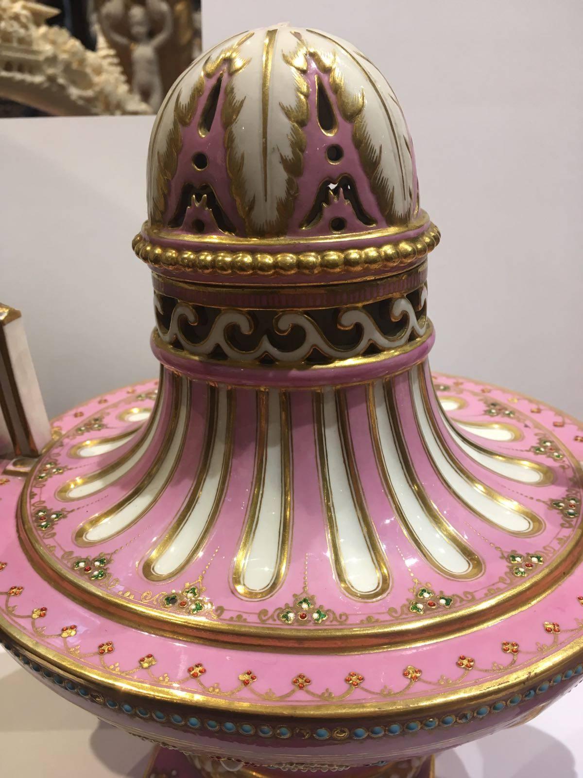 Enameled Pair of Lovely Pink Ground Gilt and Enamelled Porcelain Vases, 19th Century For Sale