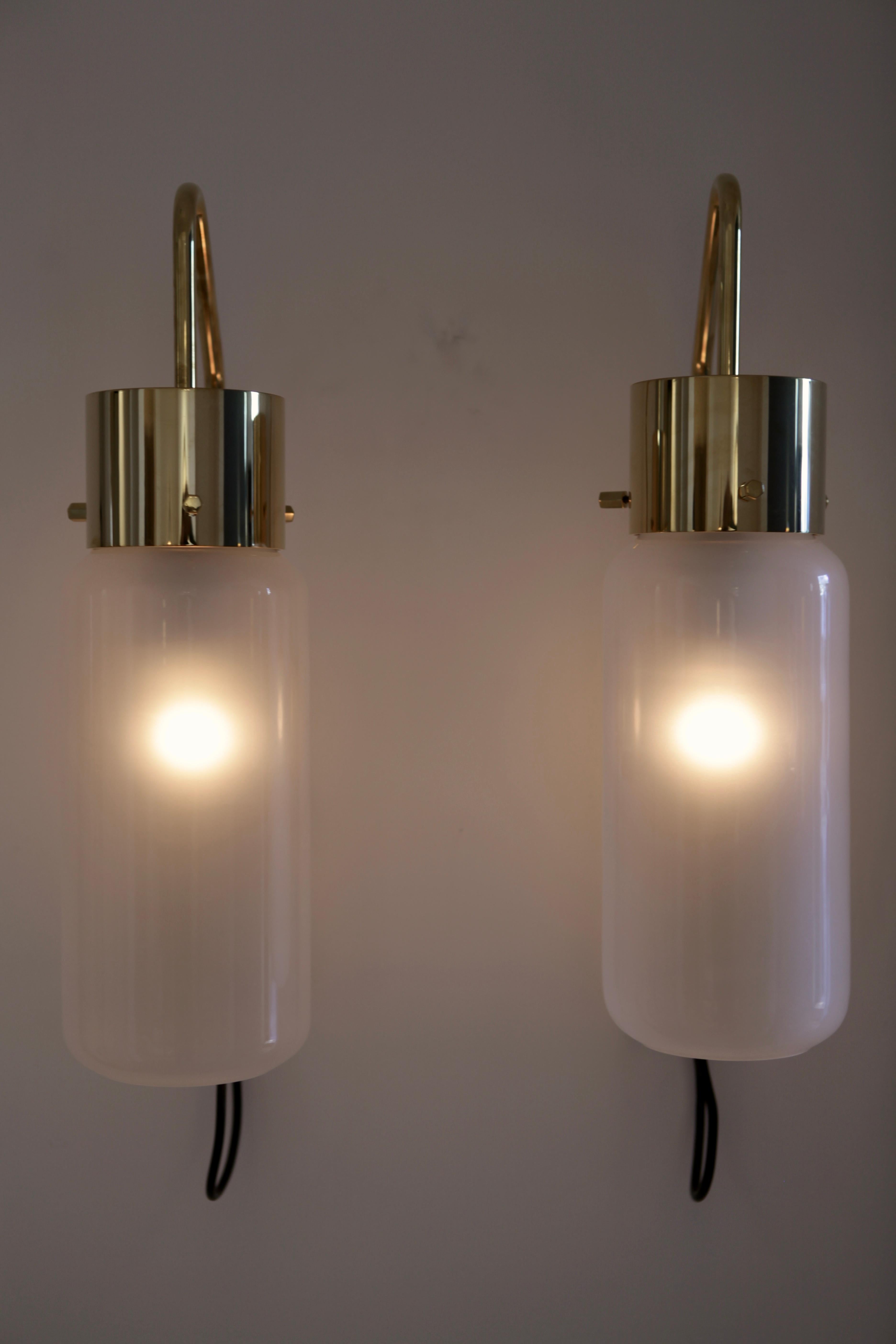 Italian Pair of LP 10 Brass and Opaline Glass Wall Lights by Luigi Caccia Dominioni