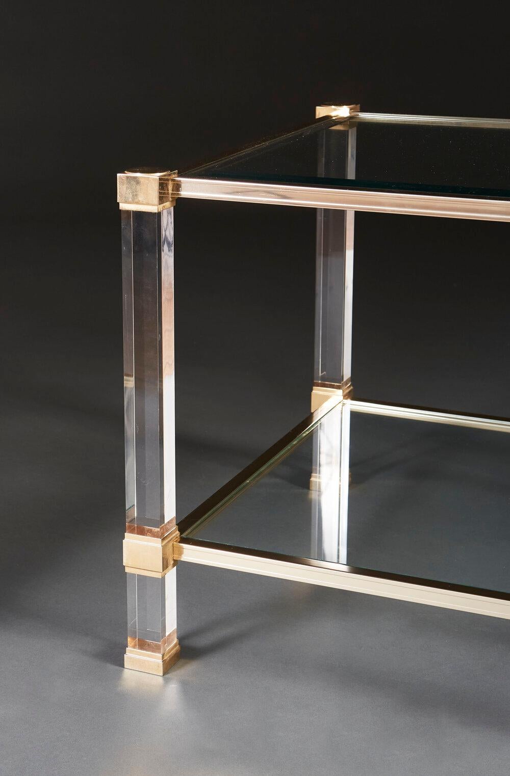French Pair of Lucite and Brass Side Tables