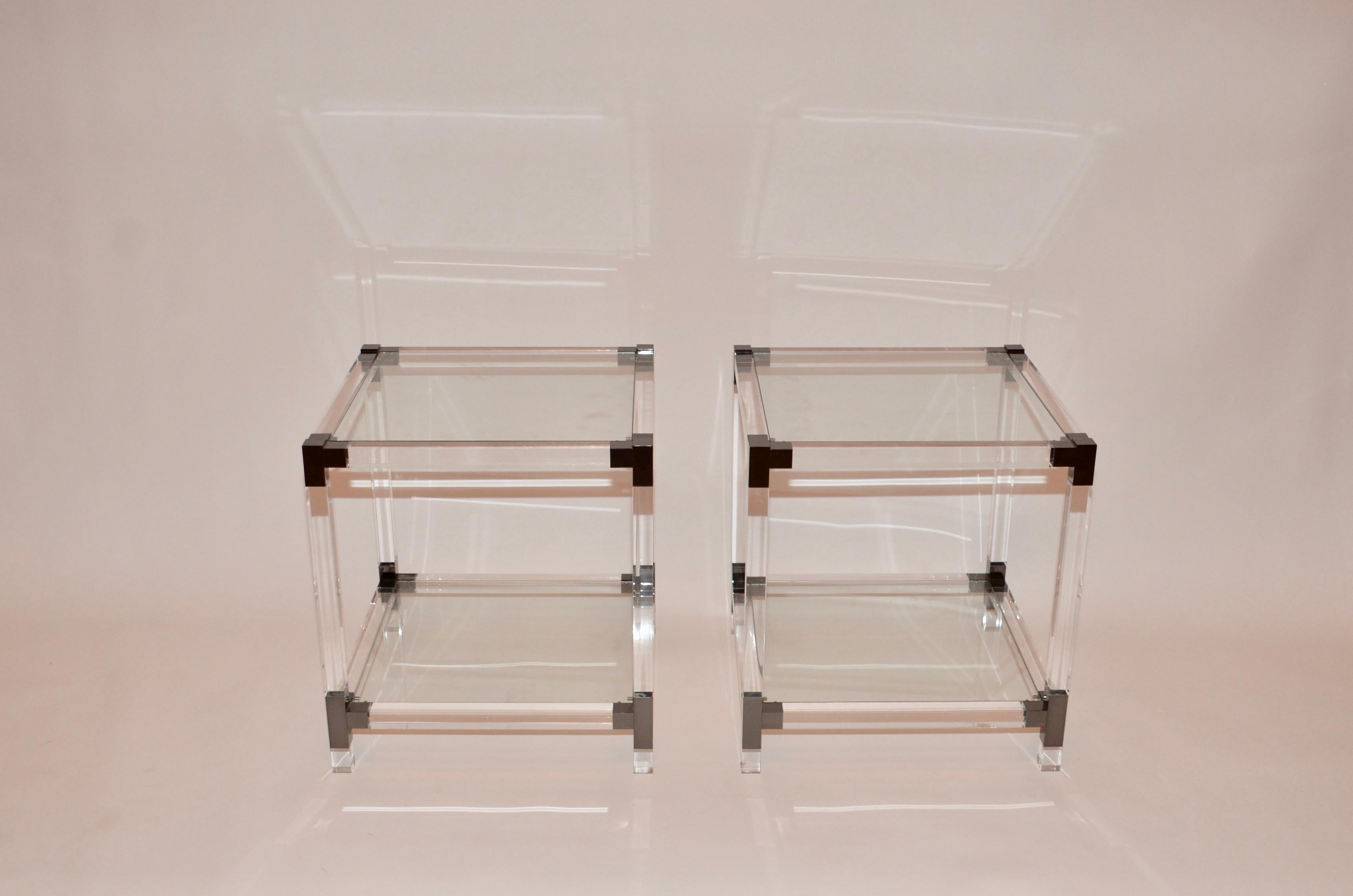 Beveled Pair of Lucite and Glass Hollywood Regency Side Tables