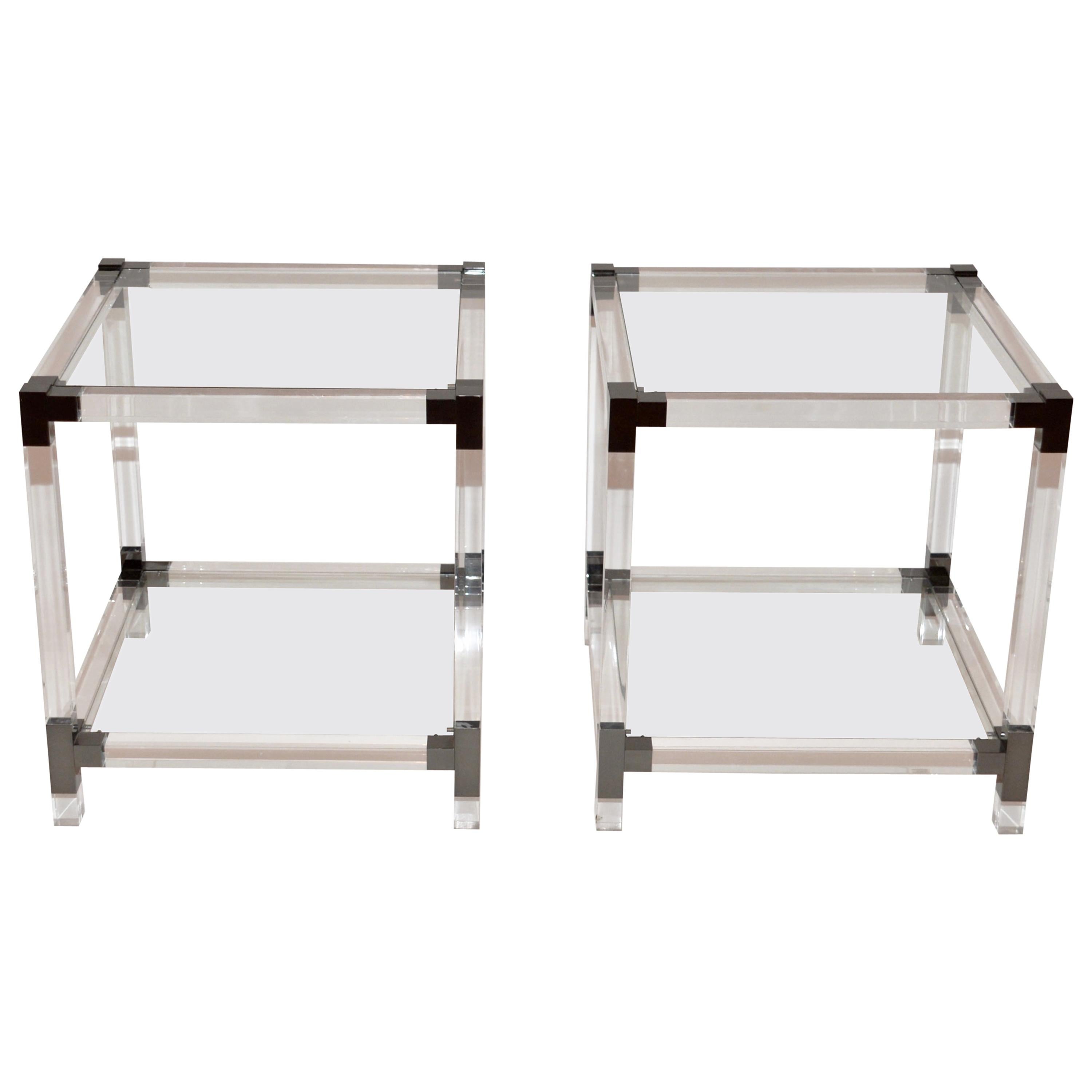 Pair of Lucite and Glass Hollywood Regency Side Tables
