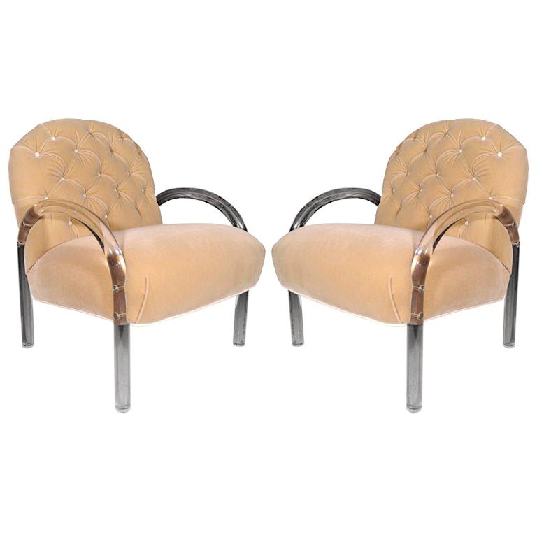 A pair of lucite and mohair arm chairs by Pace Collection For Sale