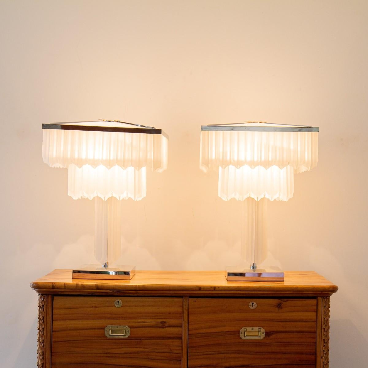 English Pair of Lucite Drop and Nickel Table Lamps