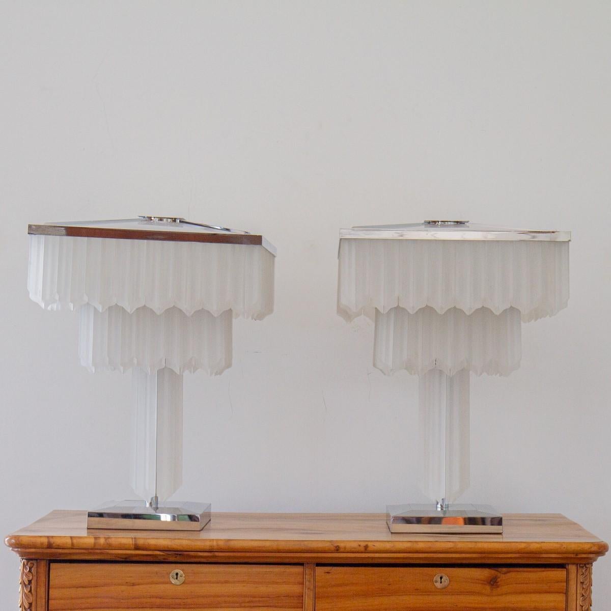 Pair of Lucite Drop and Nickel Table Lamps 1