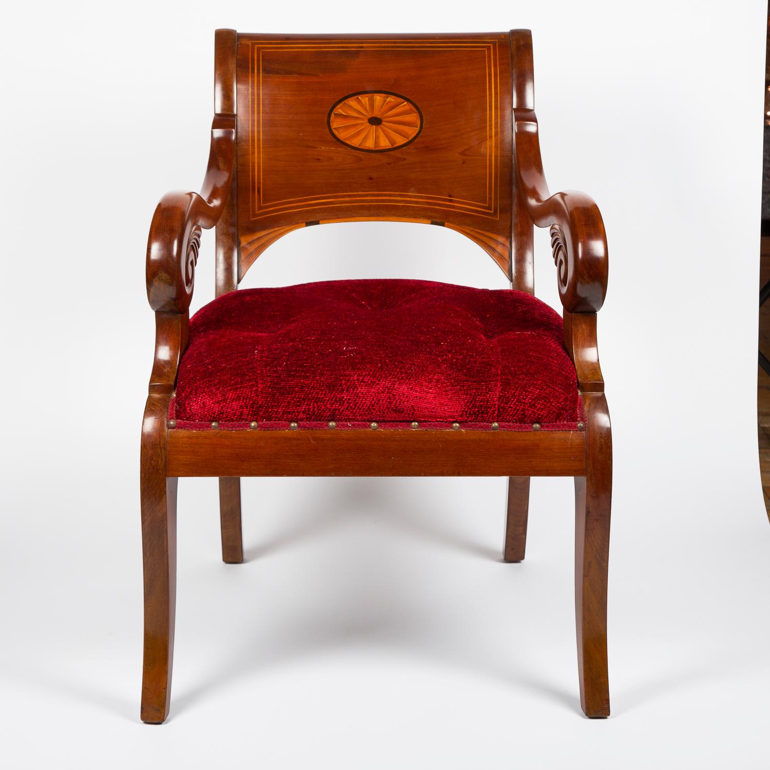 Pair of Mahogany Armchairs with Carved and Inlaid Decoration For Sale 9