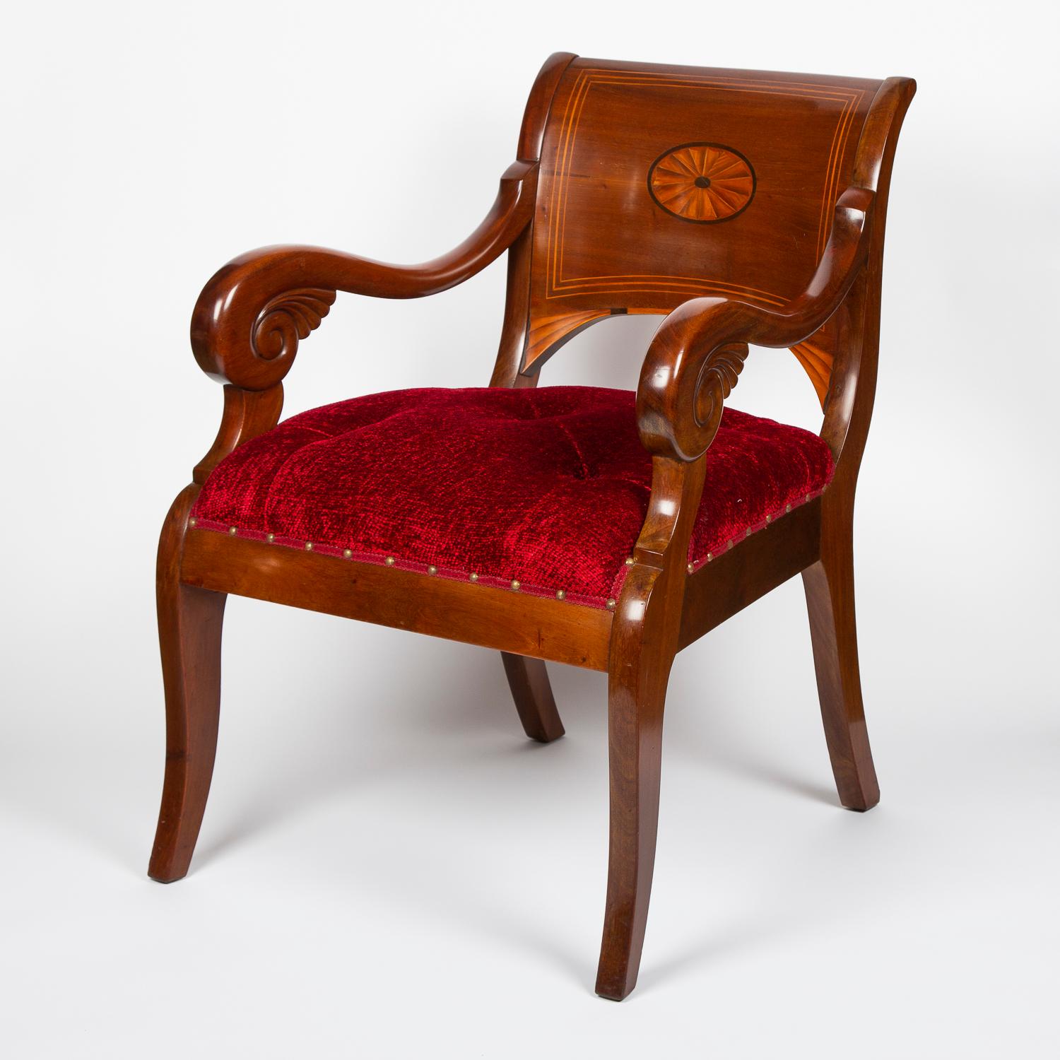 Danish Pair of Mahogany Armchairs with Carved and Inlaid Decoration For Sale