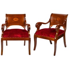 Antique Pair of Mahogany Armchairs with Carved and Inlaid Decoration