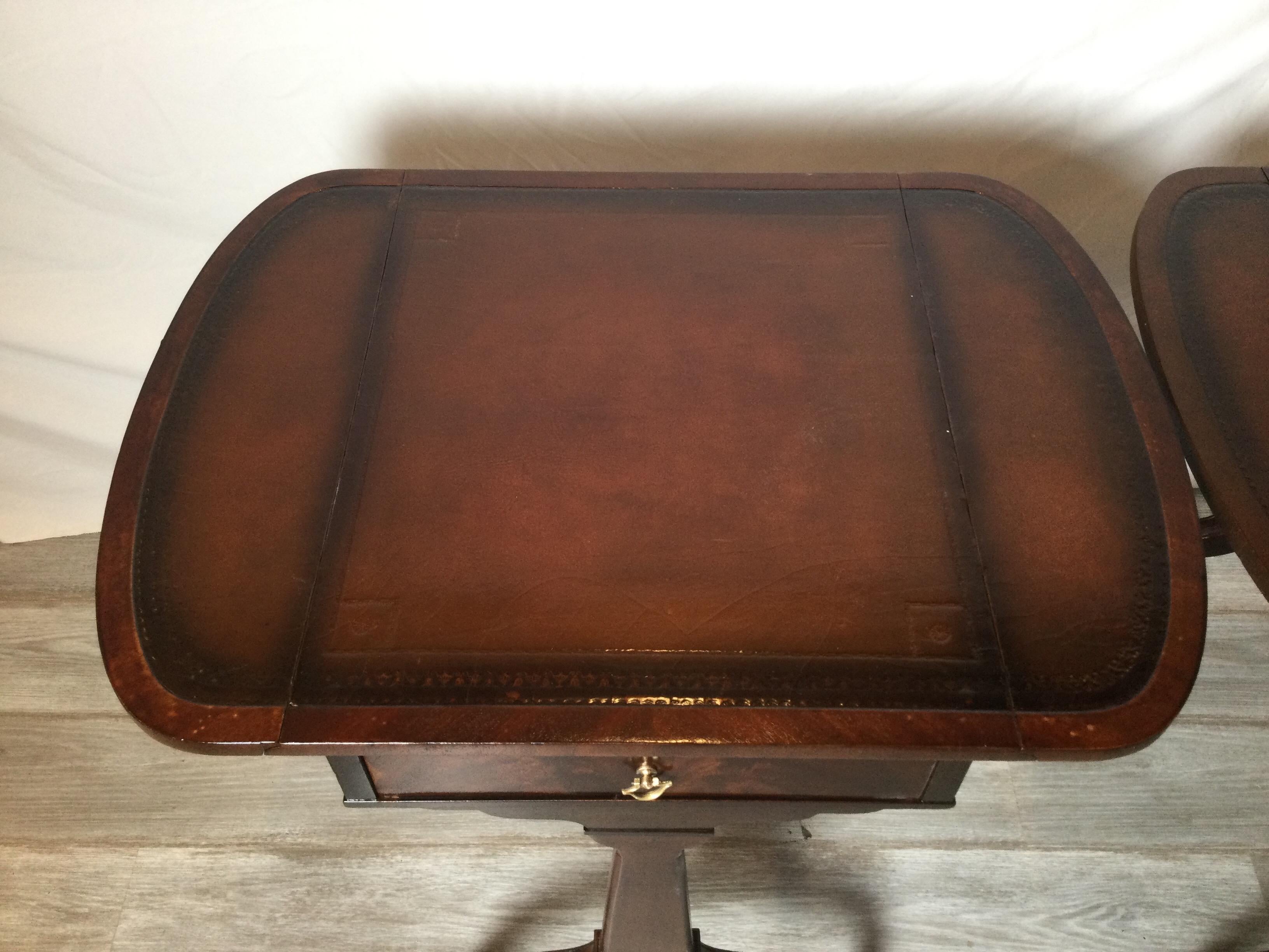 Leather Pair of Mahogany Drop Leaf Side Tables