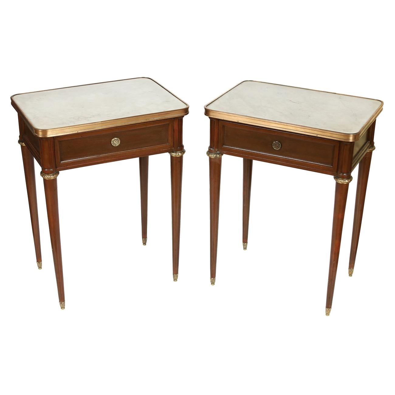 Pair of Mahogany Marble Top Nightstands with Brass Fittings