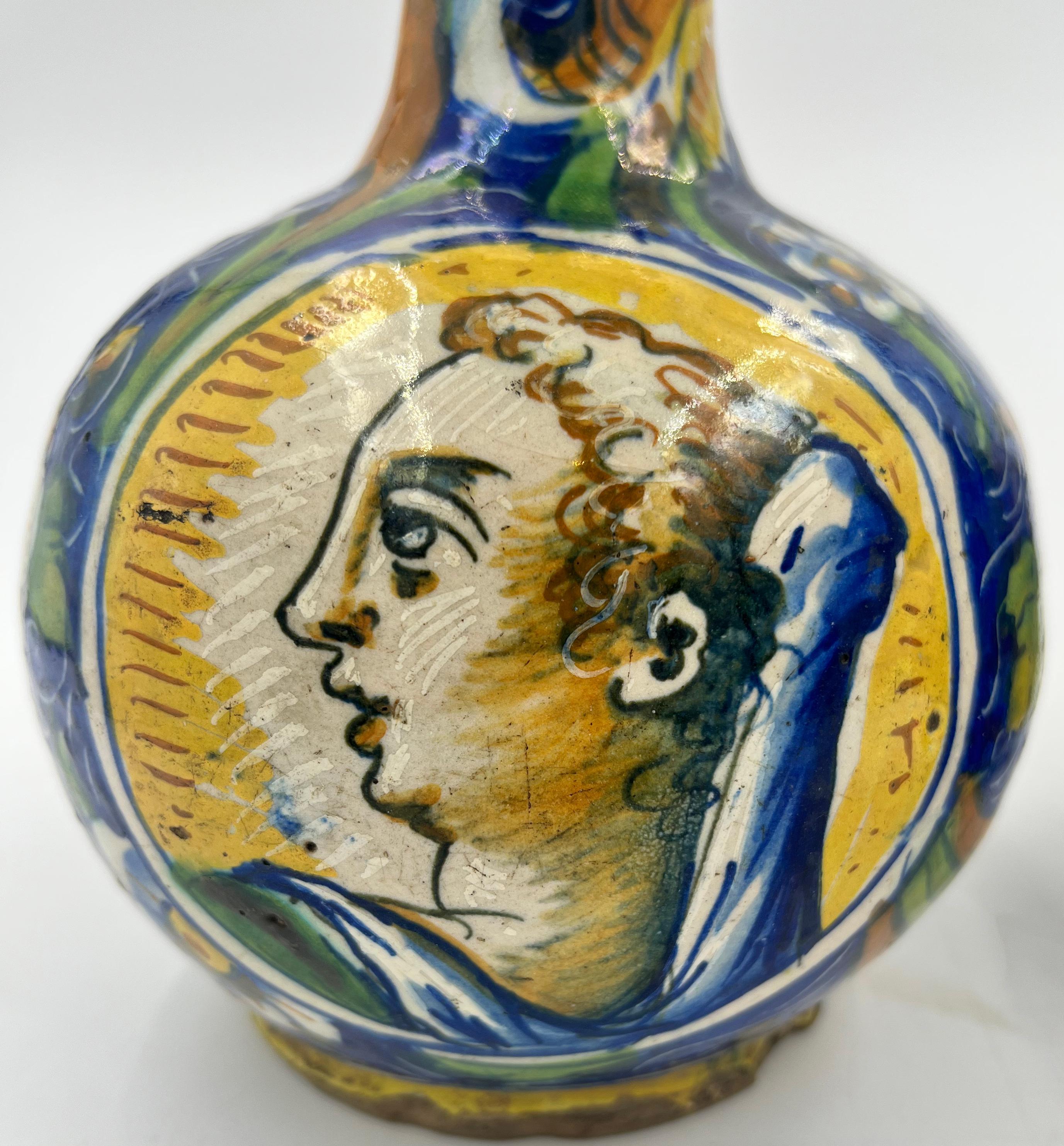 Pair of Maiolica Polychrome Vases, Italy, 18th Century In Fair Condition For Sale In London, GB