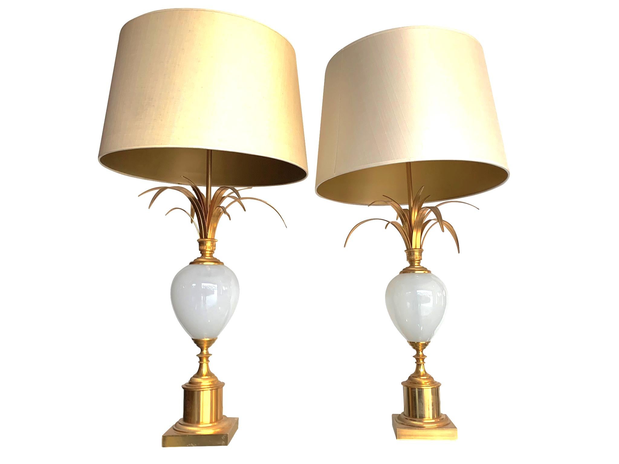 Belgian Pair of Maison Charles Style Lamps by S A Boulanger with Opaline Glass Eggs
