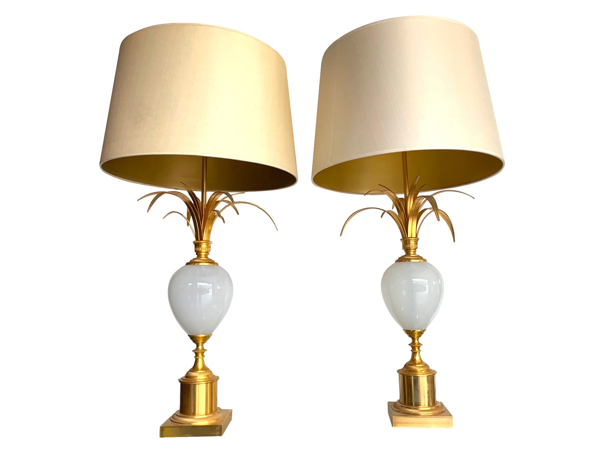 Gilt Pair of Maison Charles Style Lamps by S A Boulanger with Opaline Glass Eggs