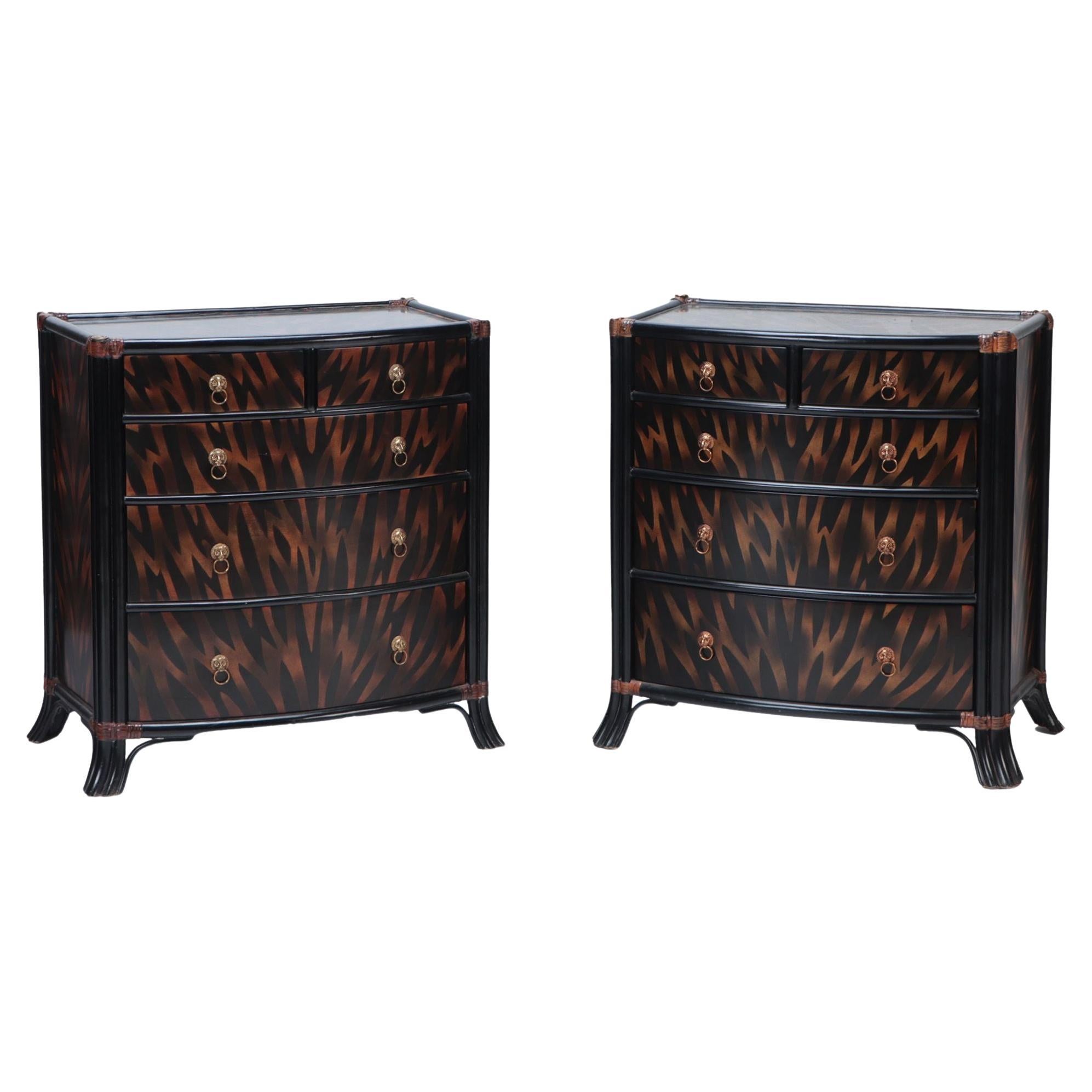 Pair of Maitland Smith Ebonized Five Drawer Bow Front Commodes