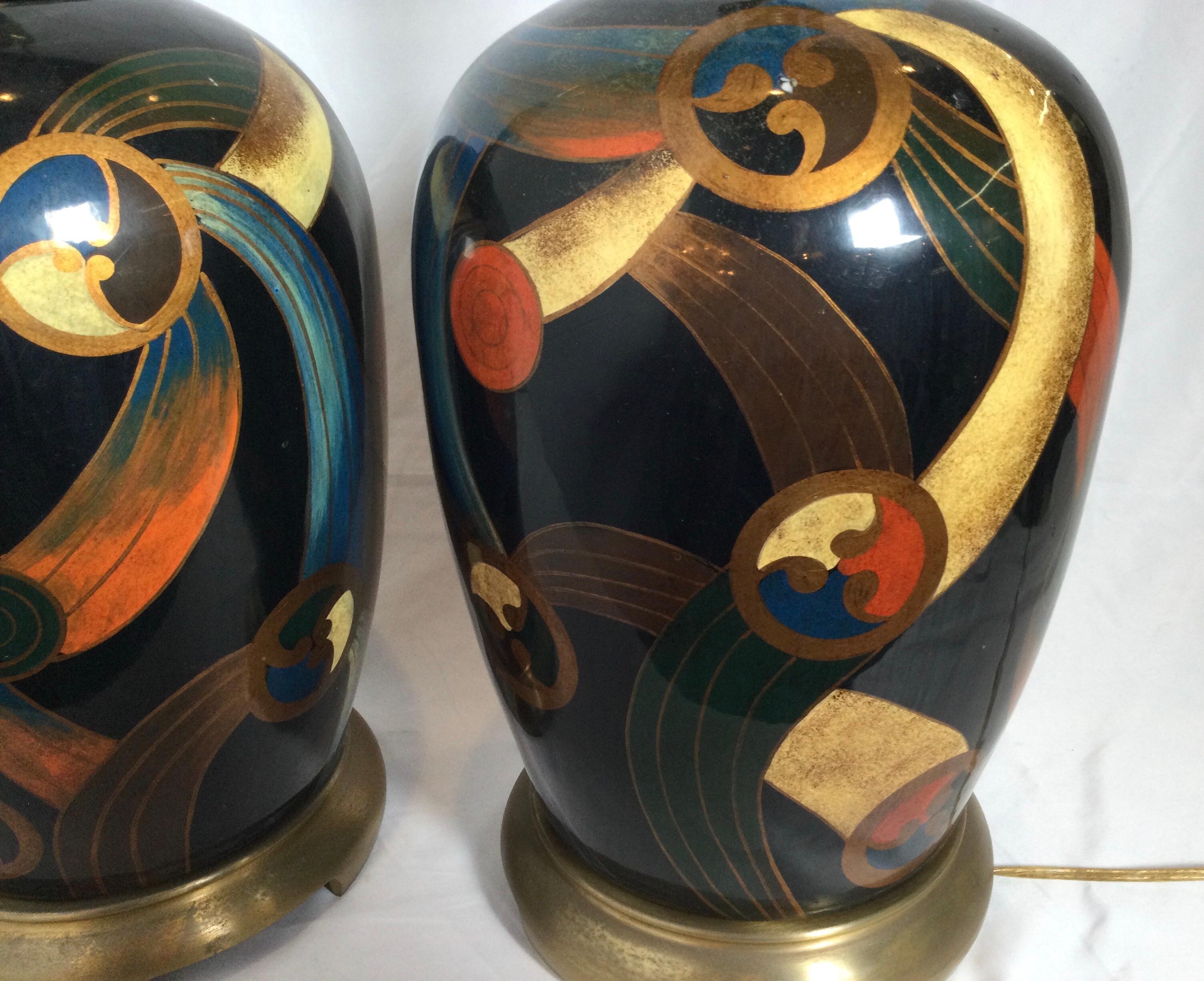 Modern Pair of Maitland Smith Hand Painted Mod Style Lamps