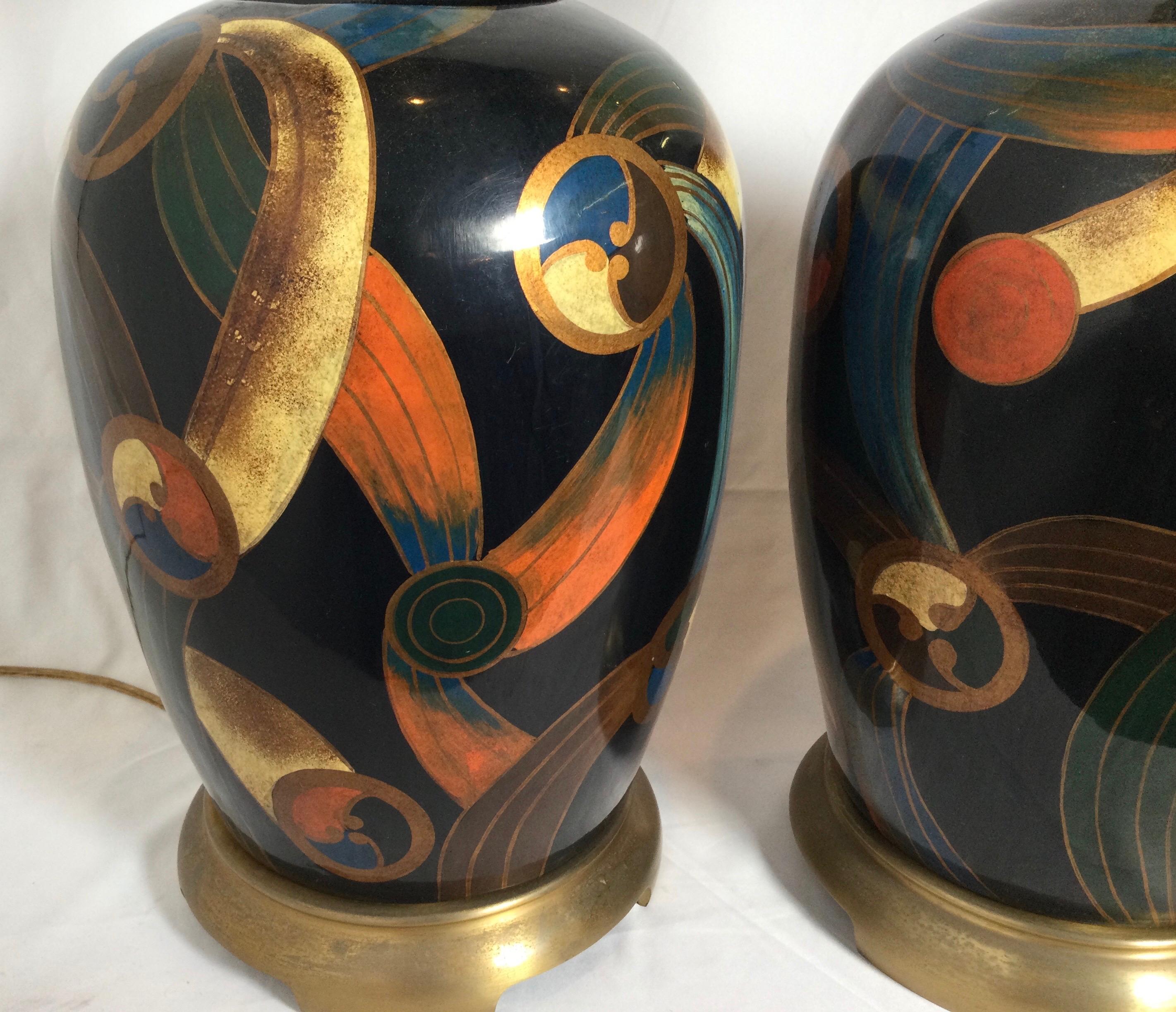 Asian Pair of Maitland Smith Hand Painted Mod Style Lamps