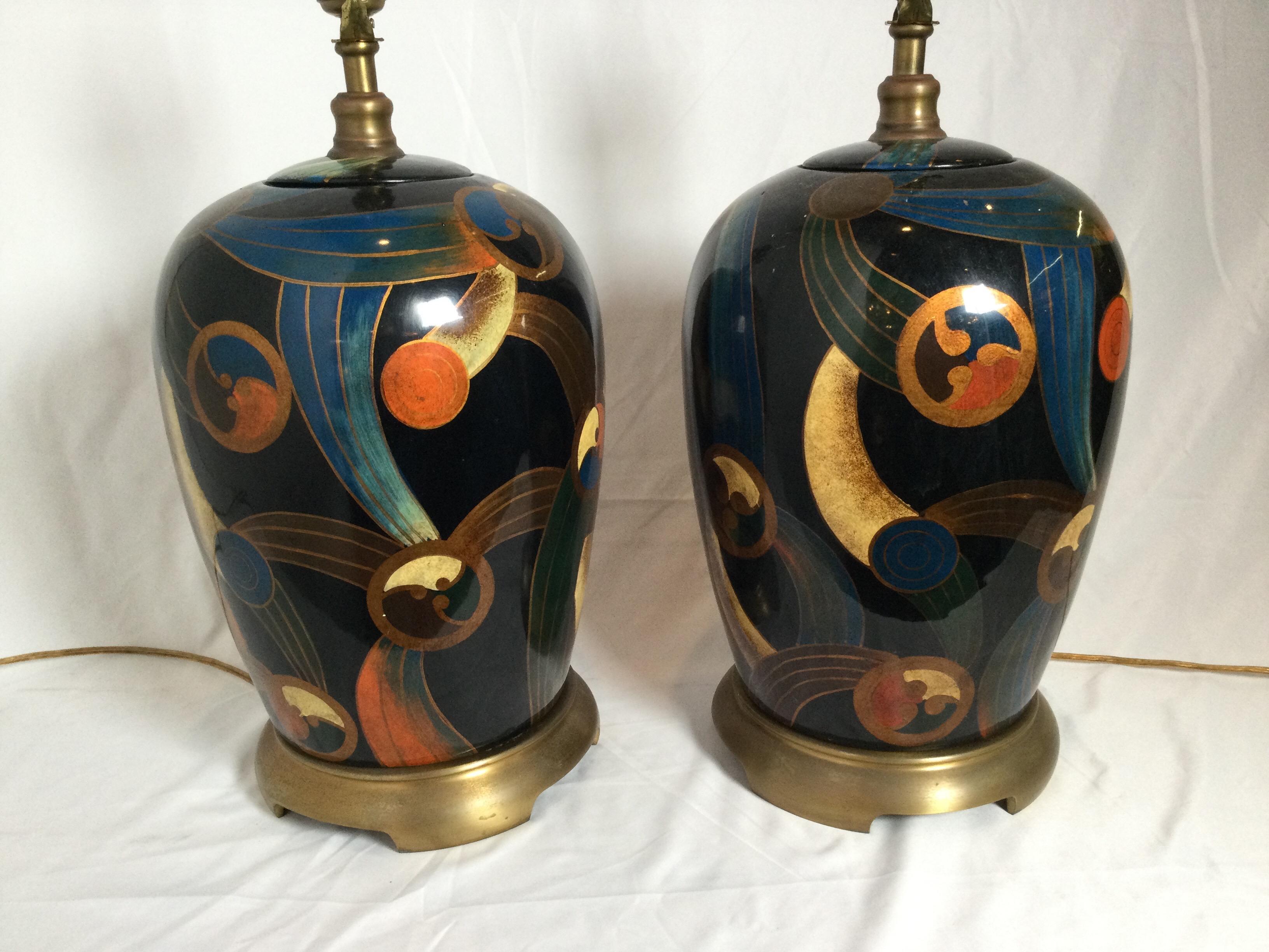 Hand-Painted Pair of Maitland Smith Hand Painted Mod Style Lamps