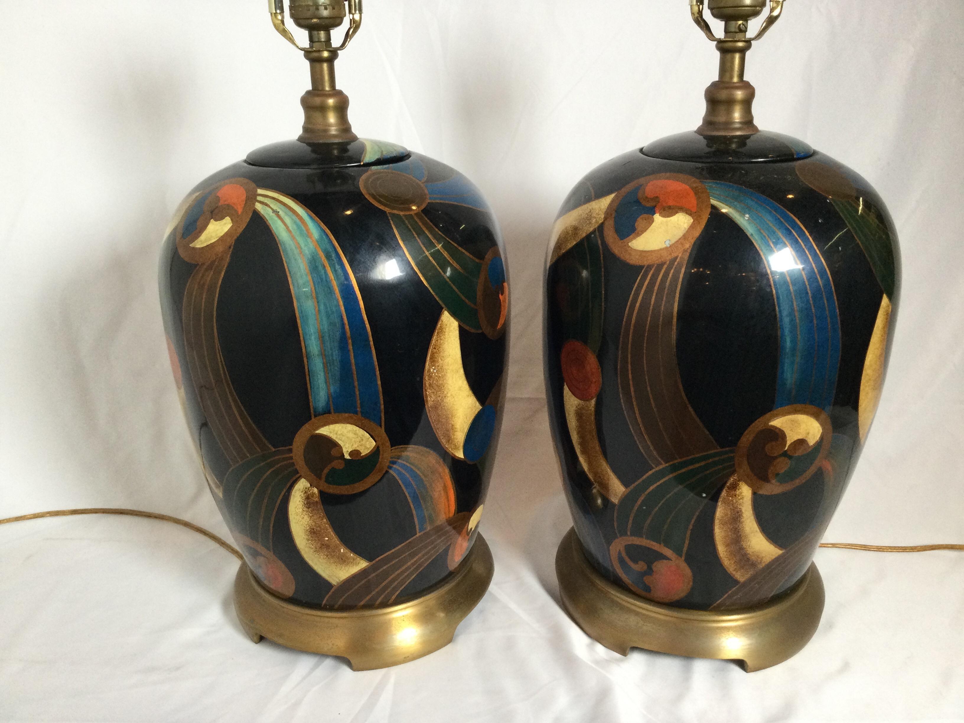 Pair of Maitland Smith Hand Painted Mod Style Lamps In Good Condition In Lambertville, NJ