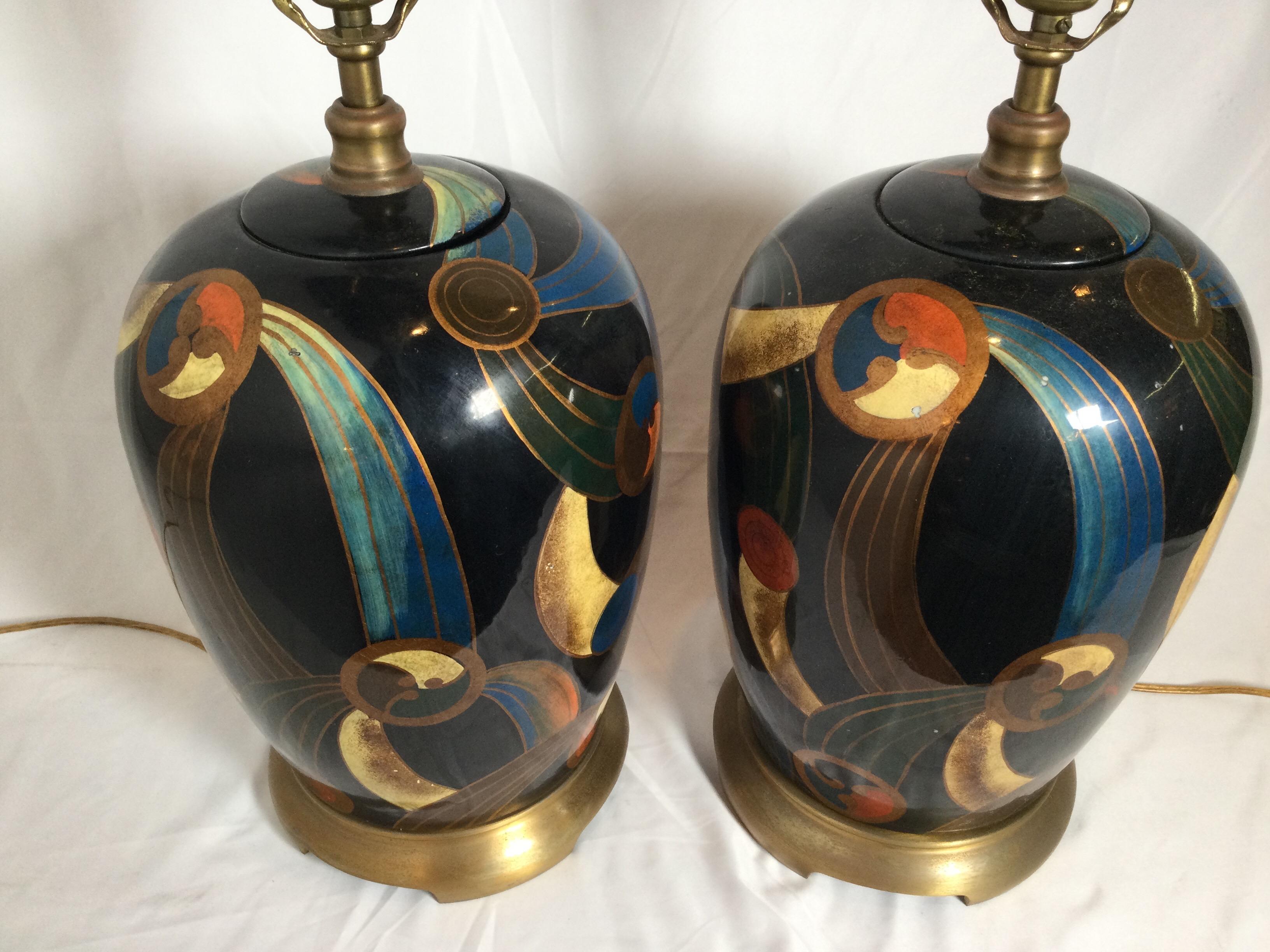 Late 20th Century Pair of Maitland Smith Hand Painted Mod Style Lamps