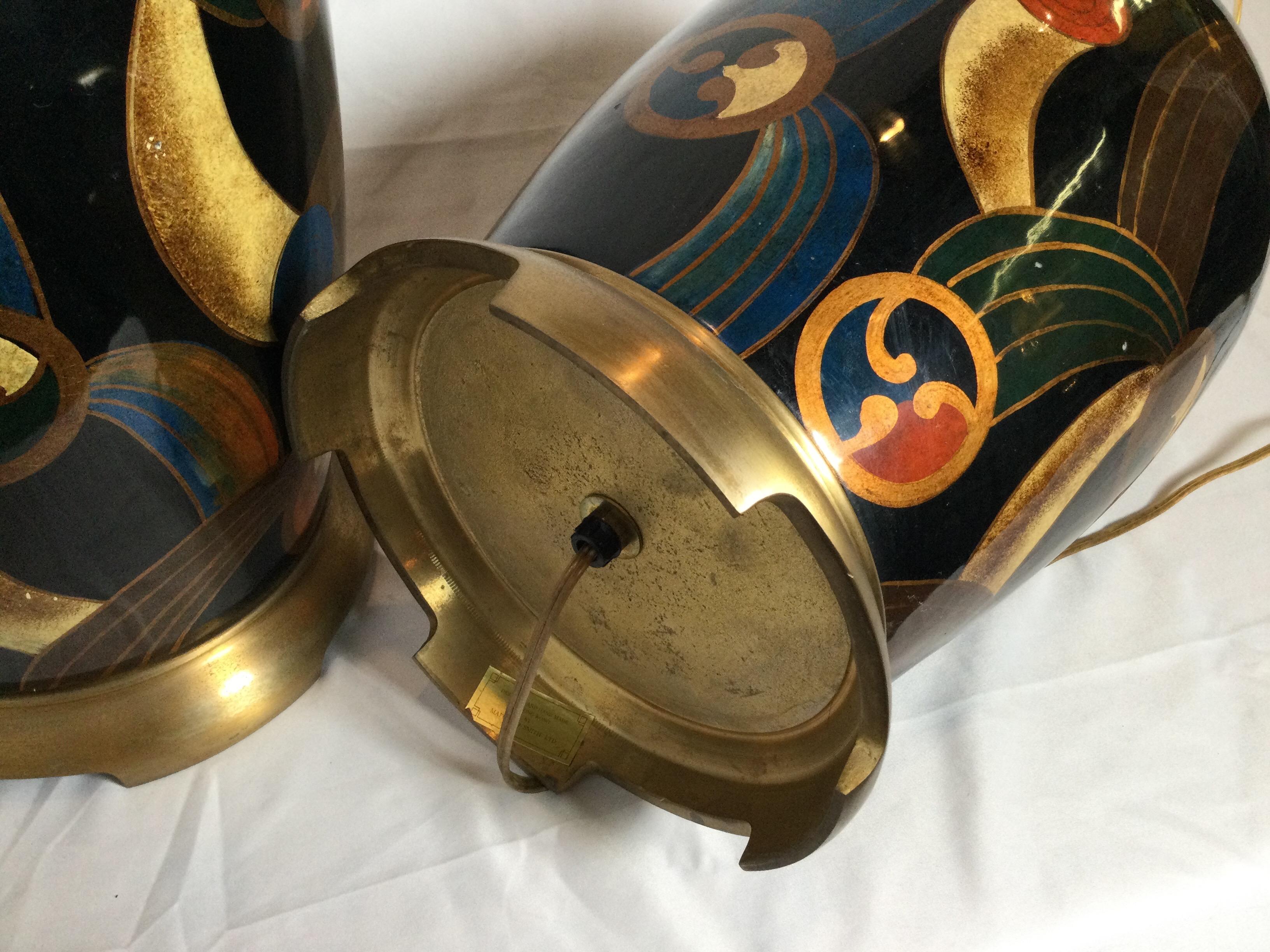 Brass Pair of Maitland Smith Hand Painted Mod Style Lamps