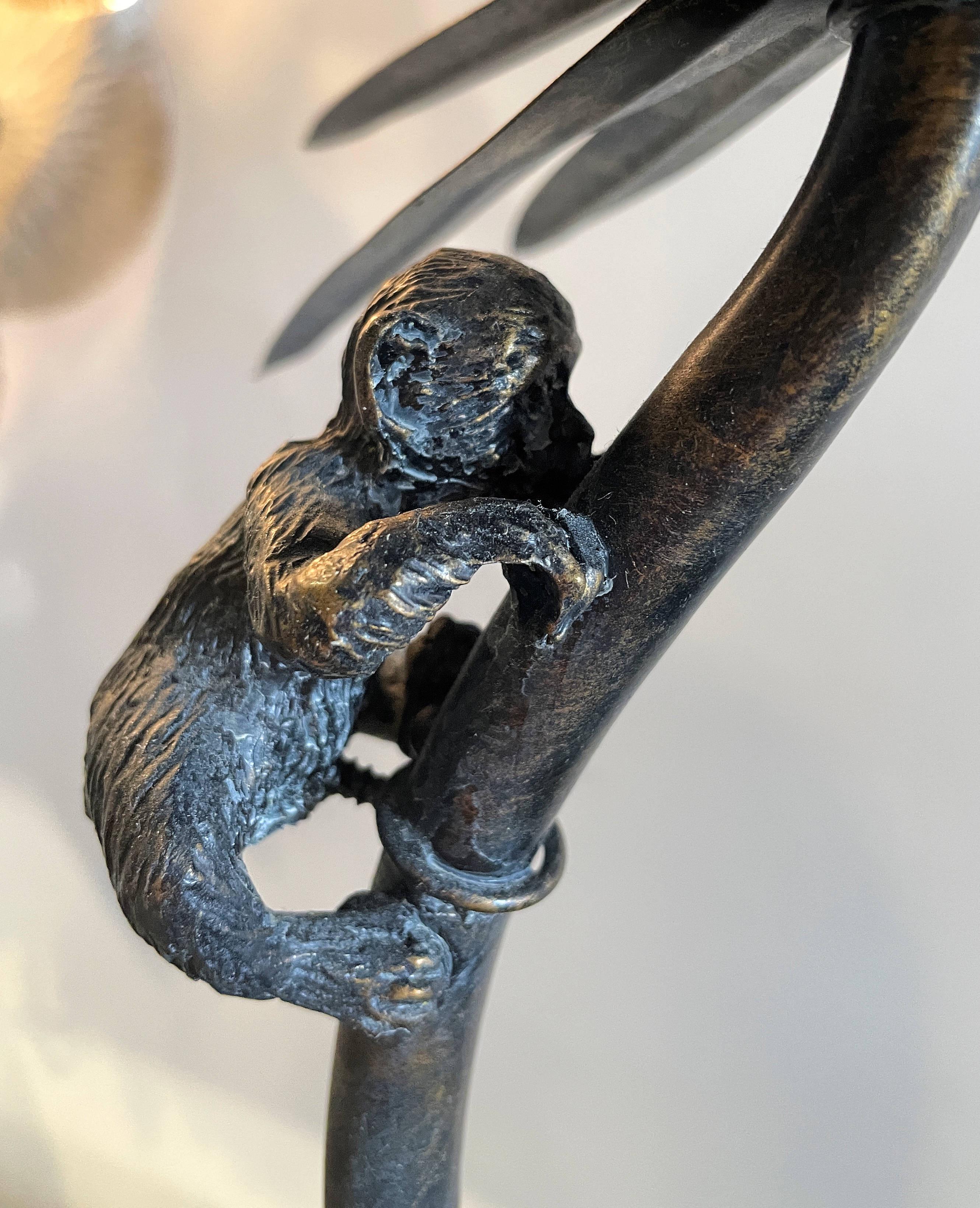 Mid-Century Modern Pair of Maitland Smith Monkeys Climbing Palm Tree Bronze Lamps
