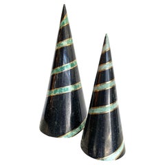 Pair of Maitland Smith Tessellated Marble and Brass Conical Sculptures