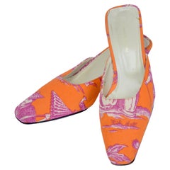 A Pair of Manuel Canovas Toile Fabric Covered Mules with Mid-Height Heels