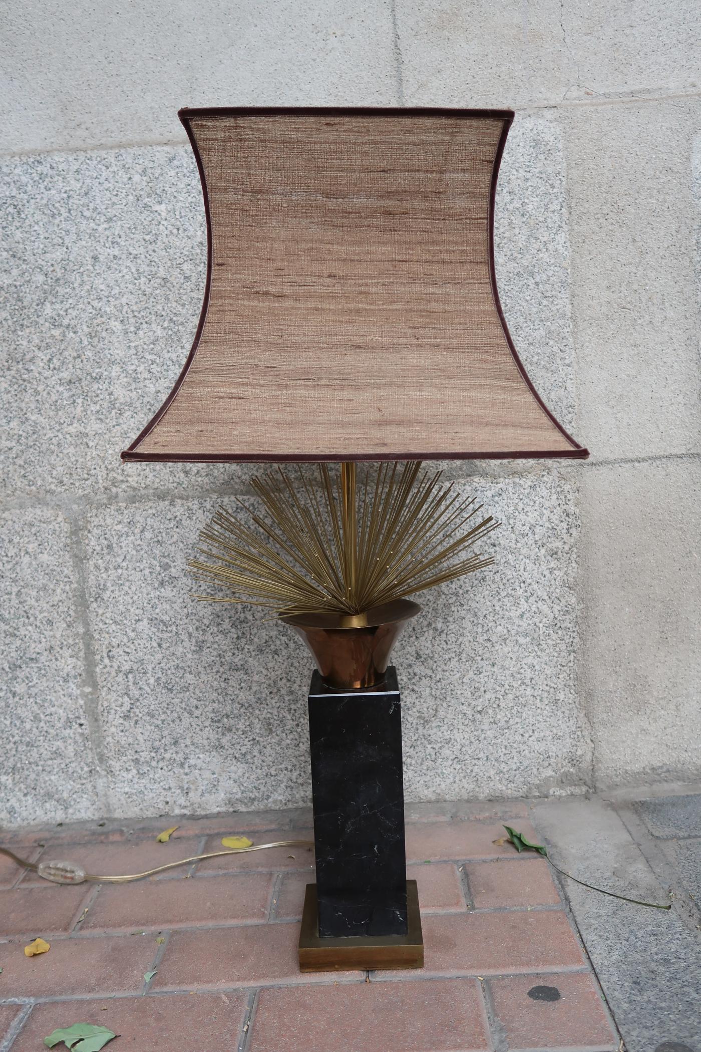 Pair of Marble and Brass Midcentury Spanish Table Lamps, 1960 In Good Condition For Sale In Madrid, ES