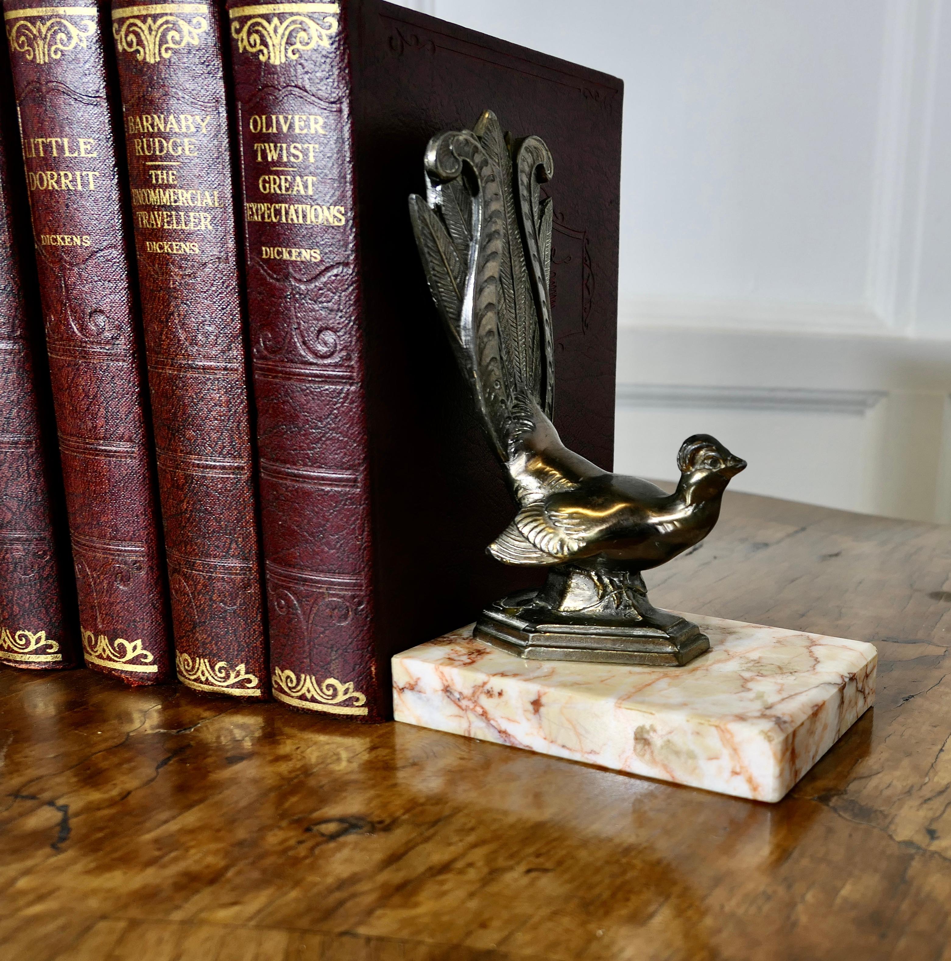 A Pair of Marble and Bronze Bookends with Peacocks  A very attractive set 1